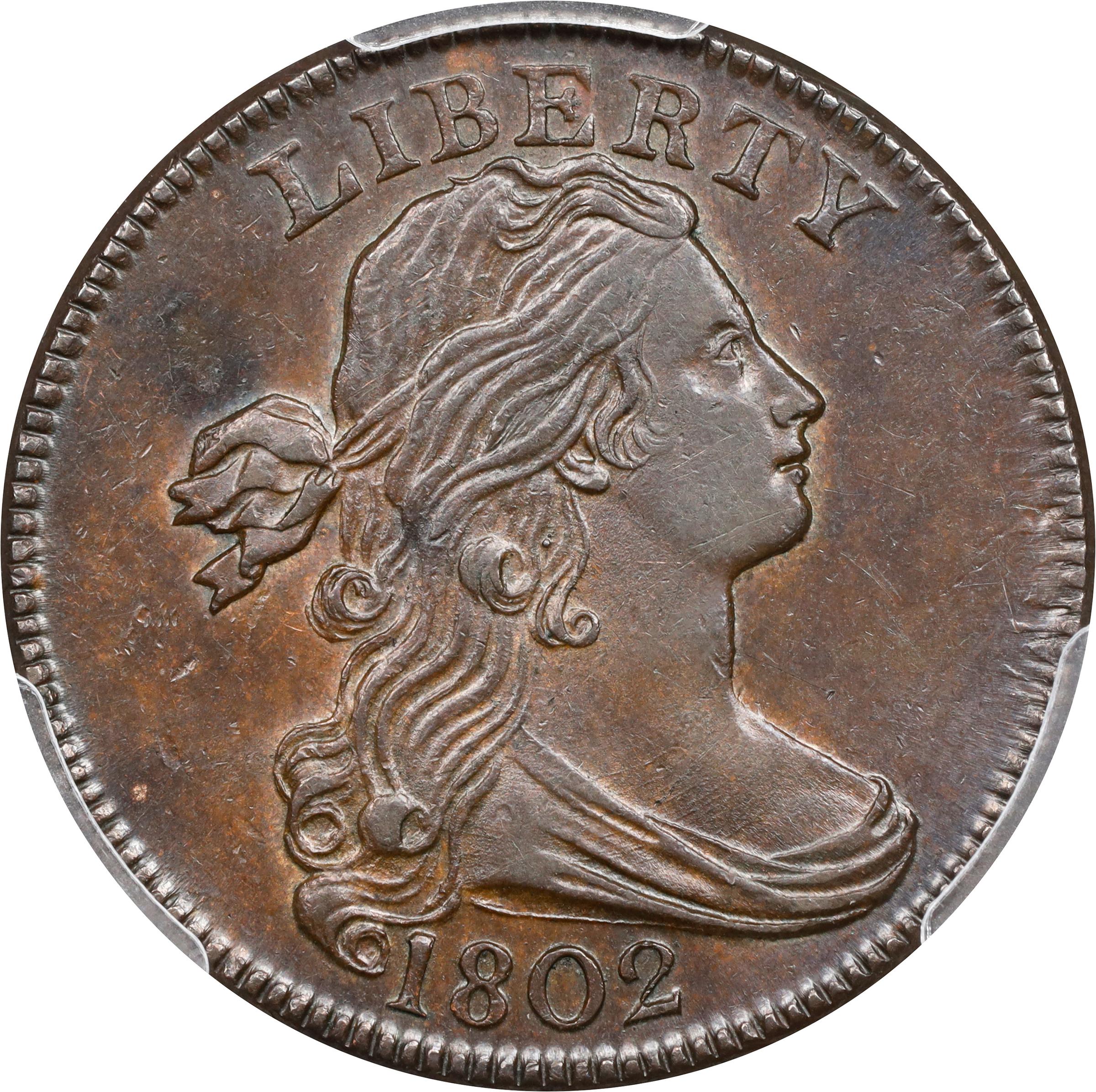 image for: 1802 Draped Bust Cent. S-241, B-20. Rarity-1. Stemless Wreath. AU-58+ (PCGS).