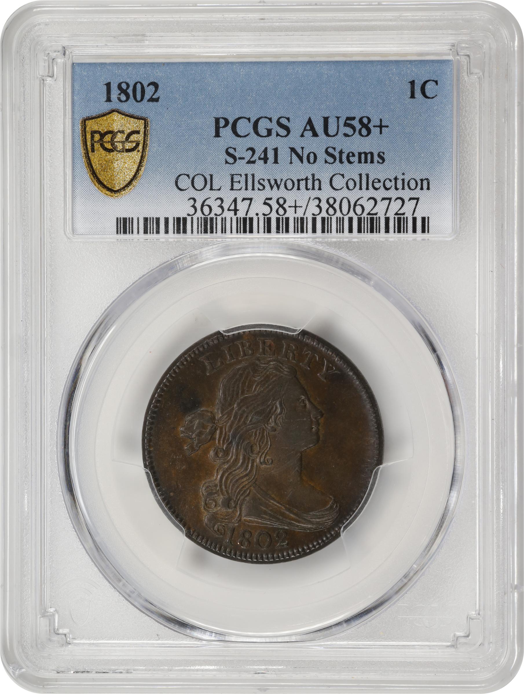image for: 1802 Draped Bust Cent. S-241, B-20. Rarity-1. Stemless Wreath. AU-58+ (PCGS).