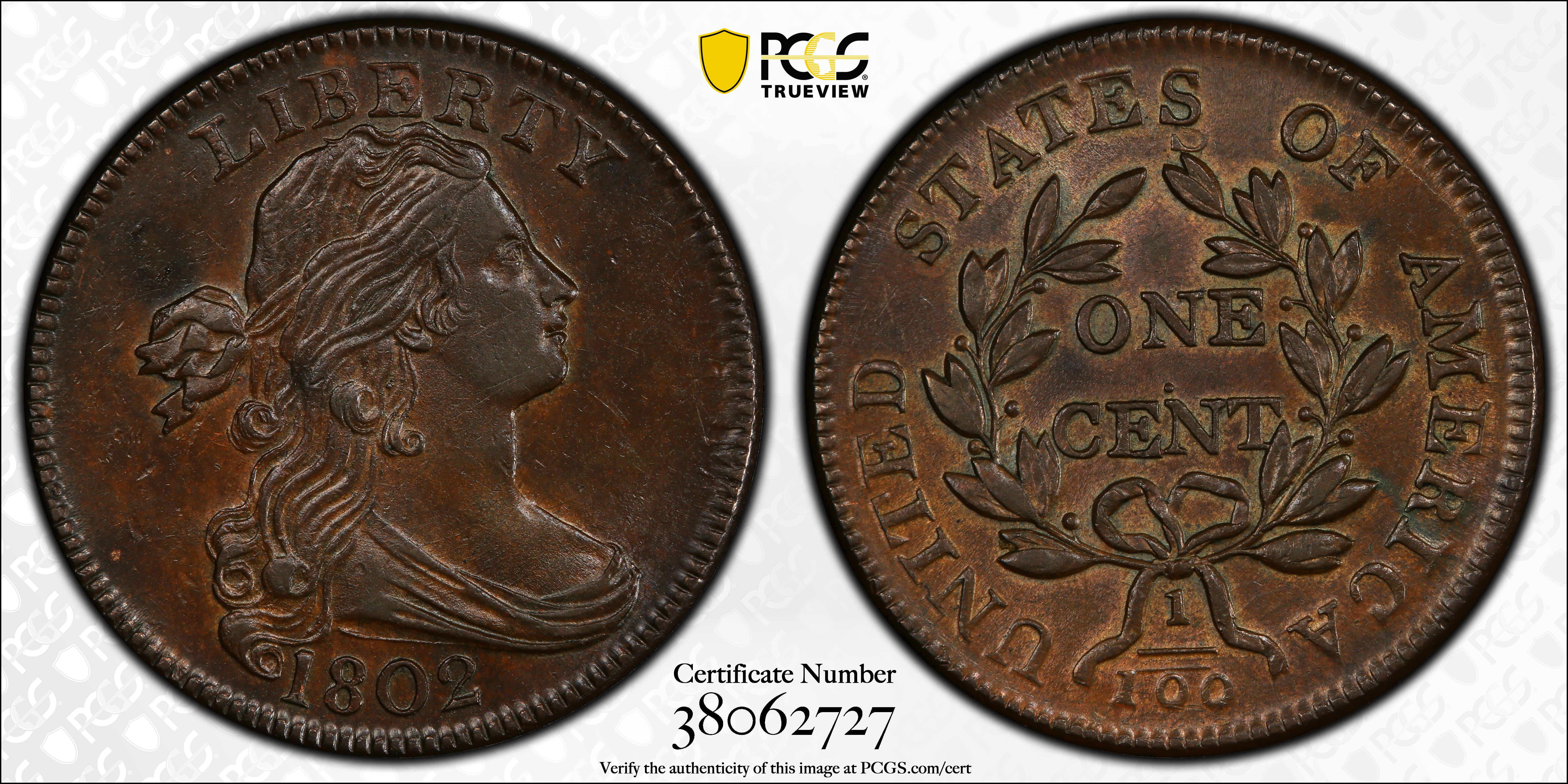 image for: 1802 Draped Bust Cent. S-241, B-20. Rarity-1. Stemless Wreath. AU-58+ (PCGS).