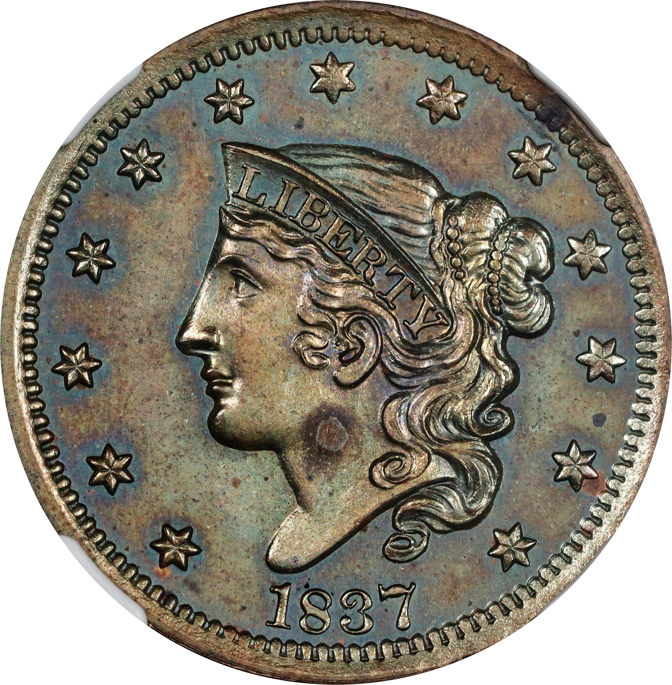 image for: 1837 Modified Matron Head Cent. N-10. Rarity-7 as a Proof. Head of 1838. Proof-63 BN (NGC).