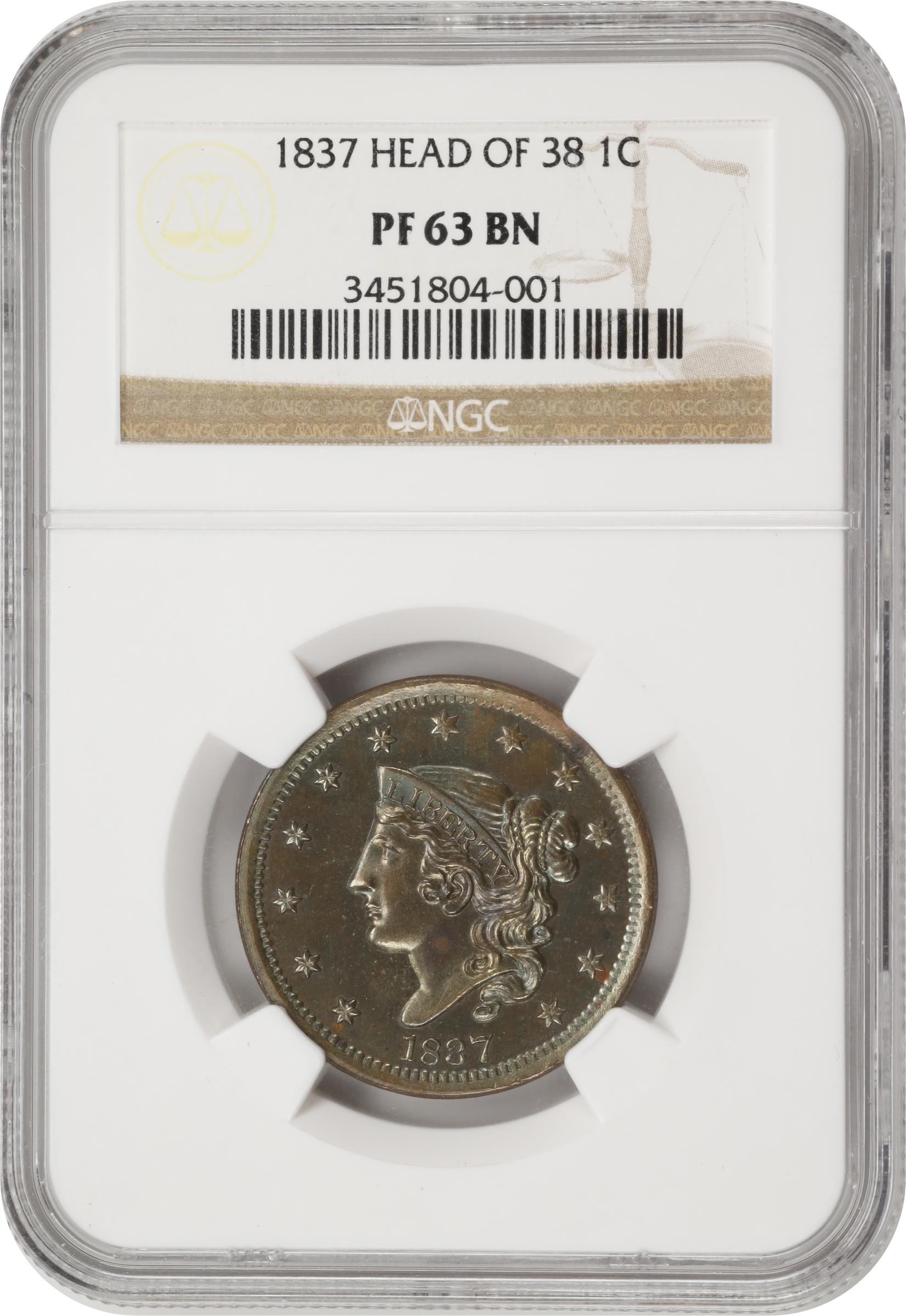 image for: 1837 Modified Matron Head Cent. N-10. Rarity-7 as a Proof. Head of 1838. Proof-63 BN (NGC).