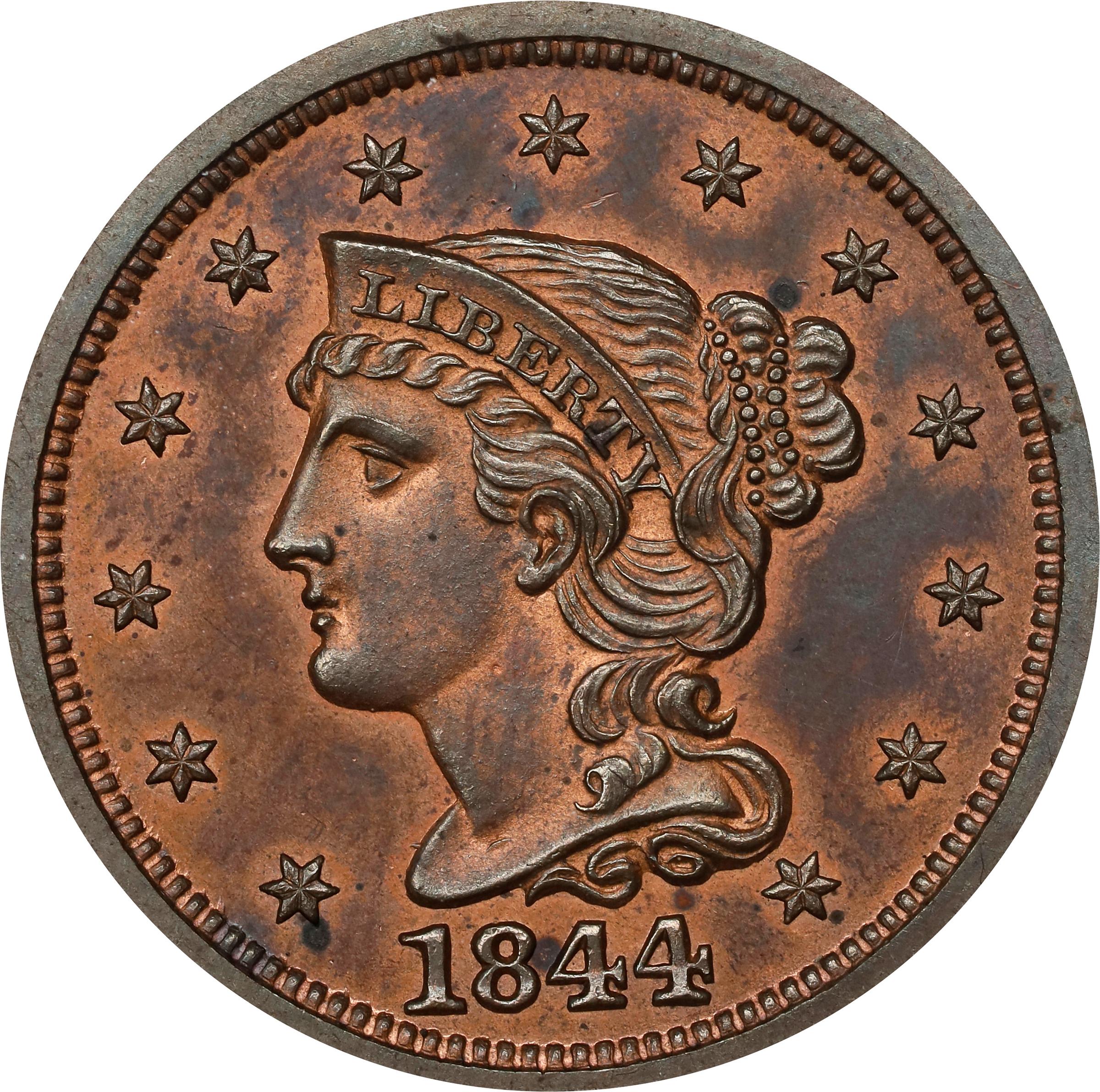 image for: 1844 Braided Hair Cent. N-8. Rarity-6+. Proof-64 RB (PCGS). CAC.