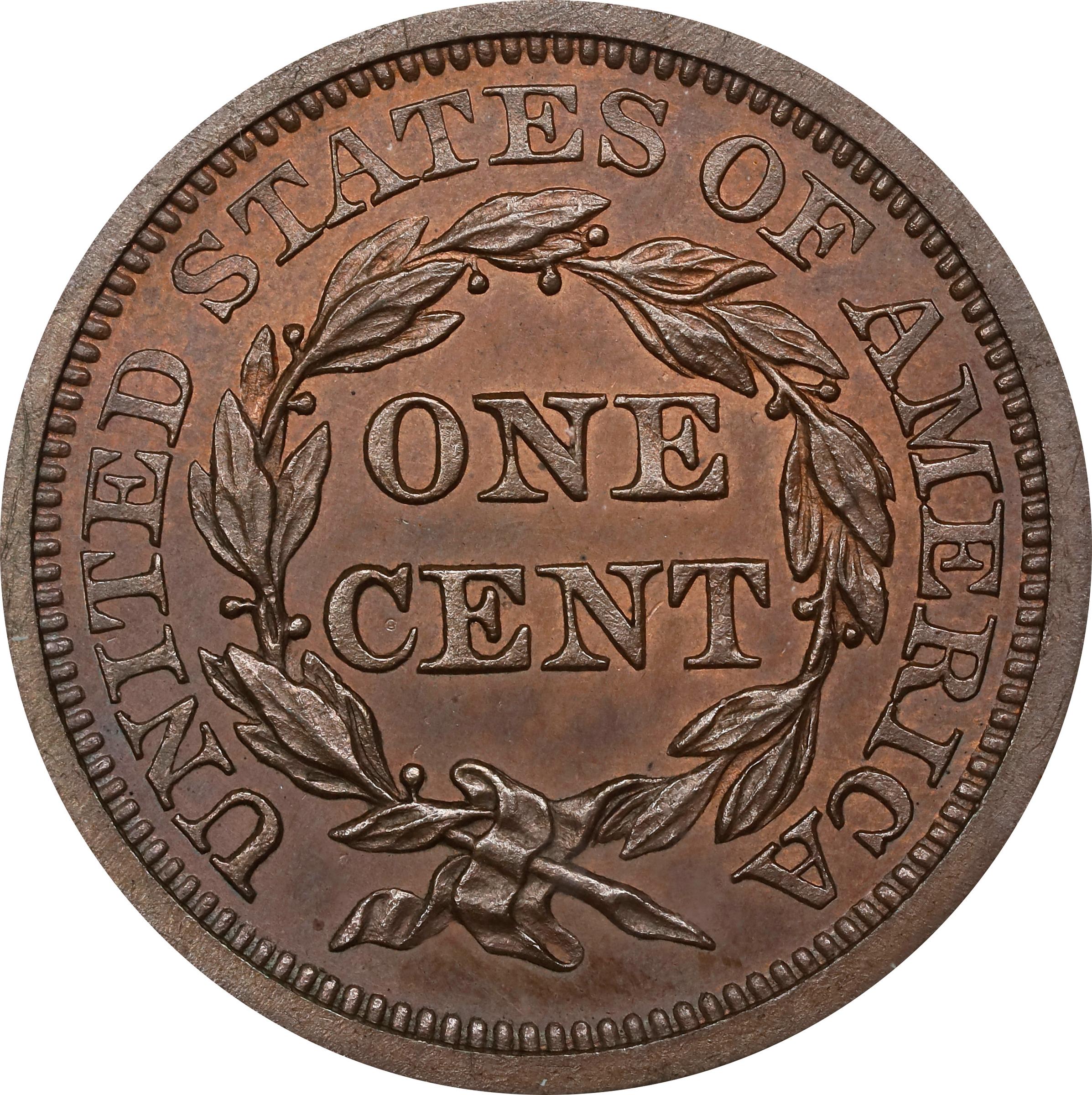 image for: 1844 Braided Hair Cent. N-8. Rarity-6+. Proof-64 RB (PCGS). CAC.