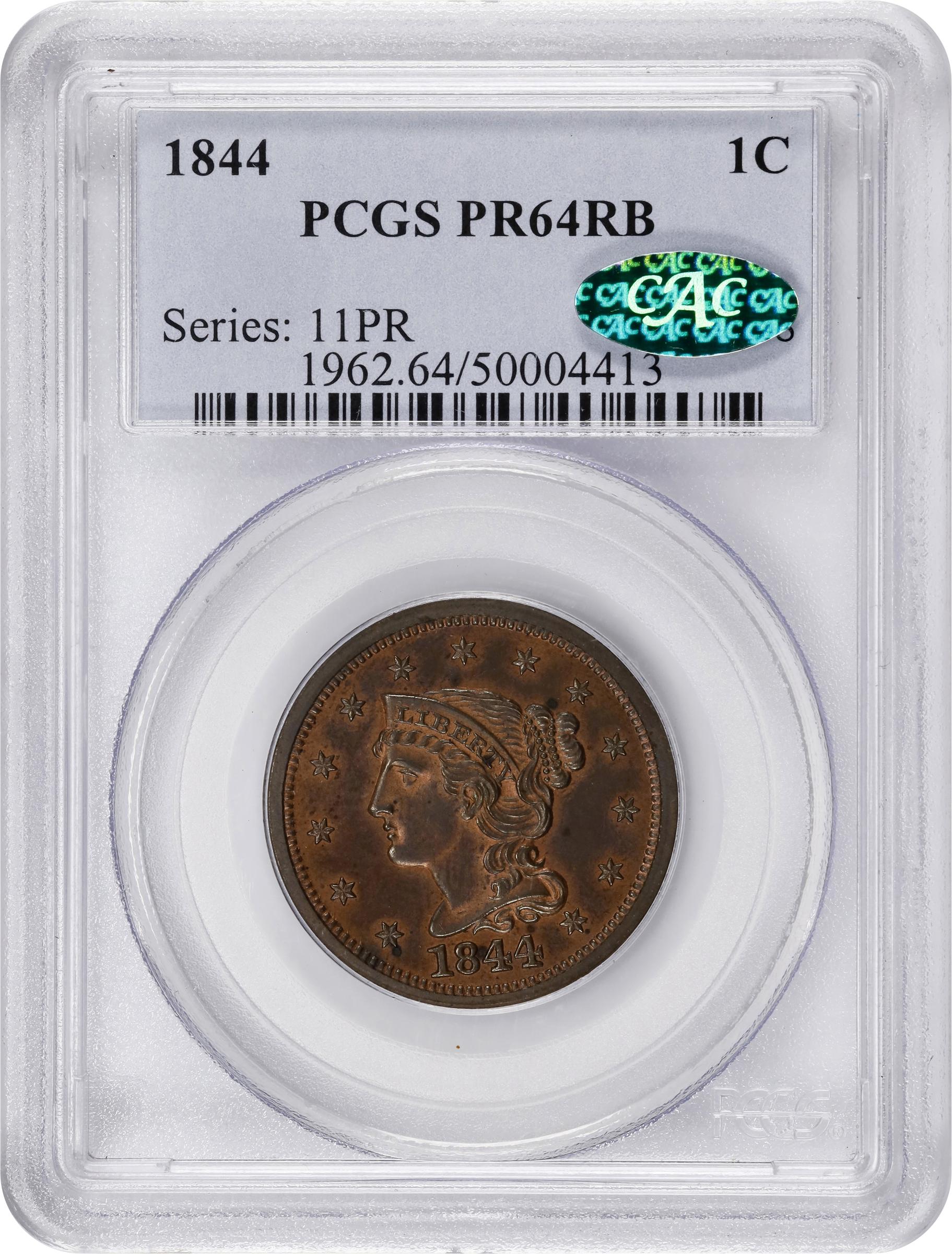 image for: 1844 Braided Hair Cent. N-8. Rarity-6+. Proof-64 RB (PCGS). CAC.