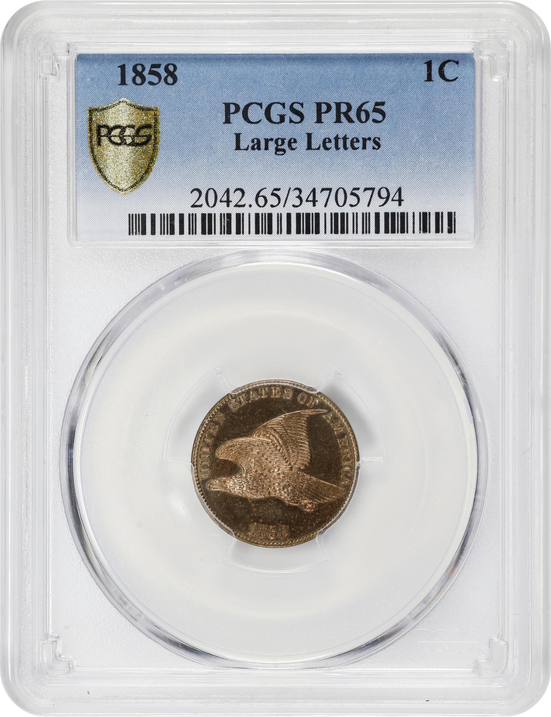 image for: 1858 Flying Eagle Cent. Large Letters. Snow-PR1. Doubled Die Obverse, High Leaves (Style of 1857), Type I. Proof-65 (PCGS).