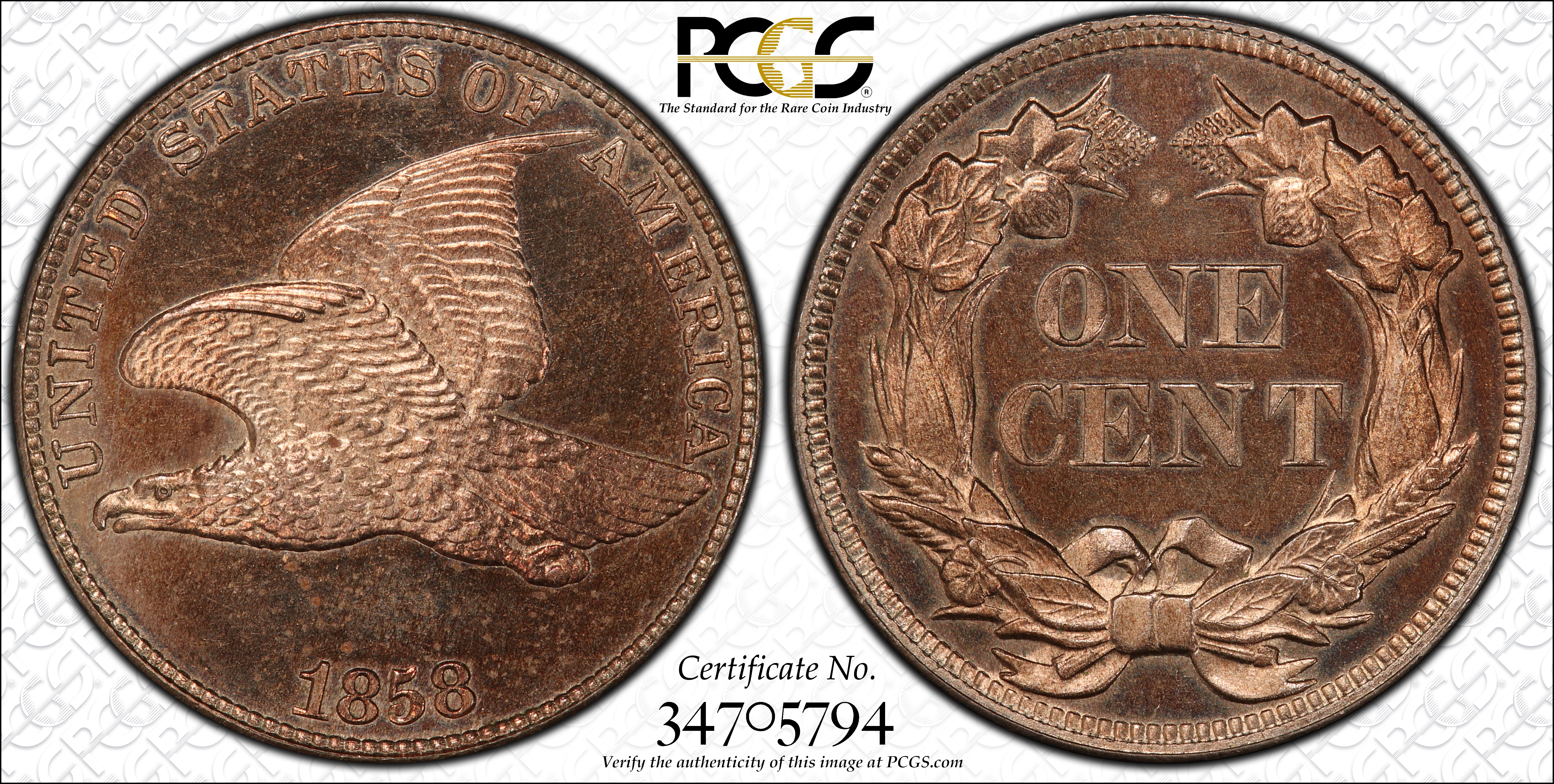 image for: 1858 Flying Eagle Cent. Large Letters. Snow-PR1. Doubled Die Obverse, High Leaves (Style of 1857), Type I. Proof-65 (PCGS).