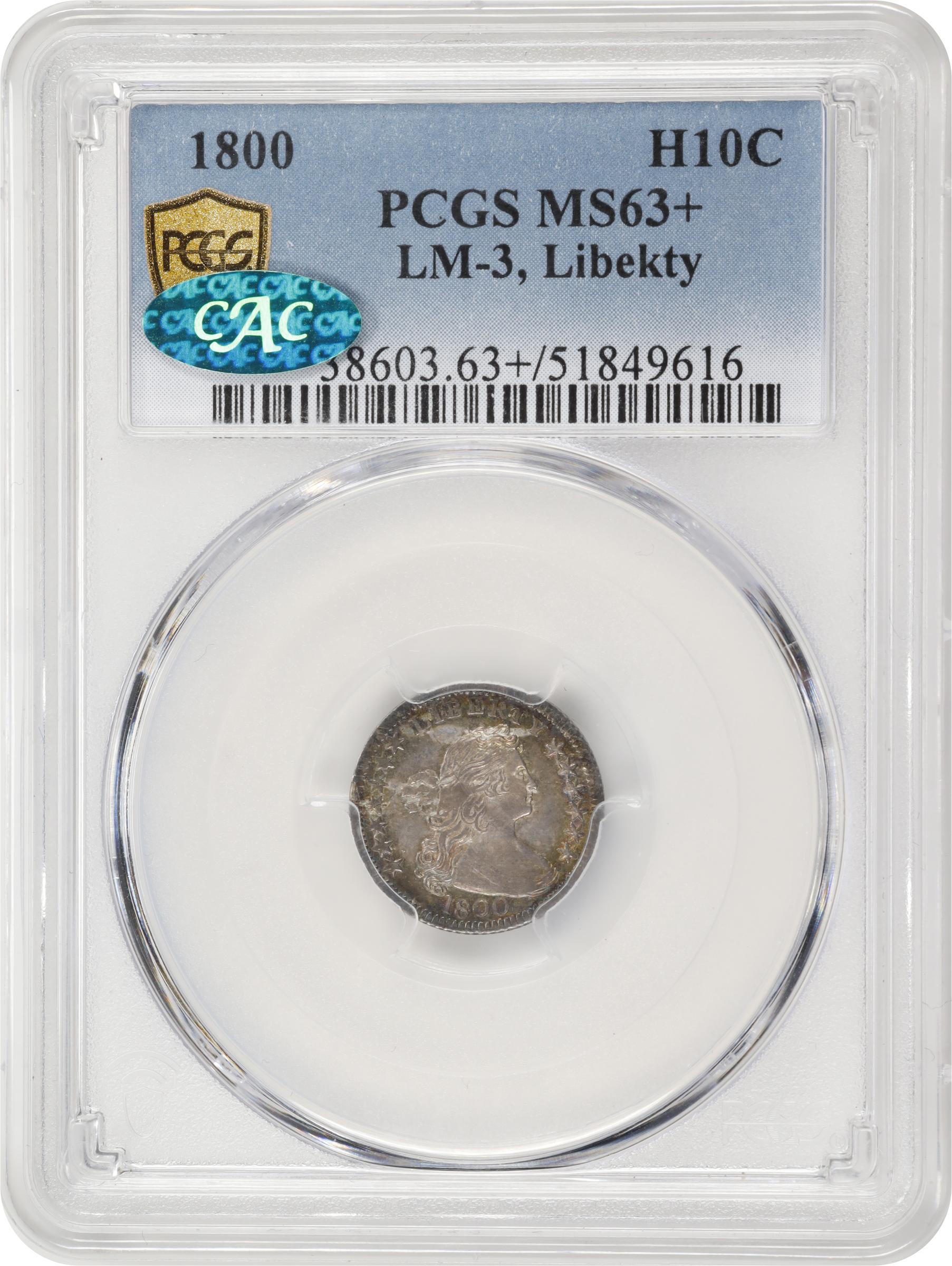 image for: 1800 Draped Bust Half Dime. LM-3, V-2. Rarity-4. LIBEKTY. MS-63+ (PCGS). CAC.