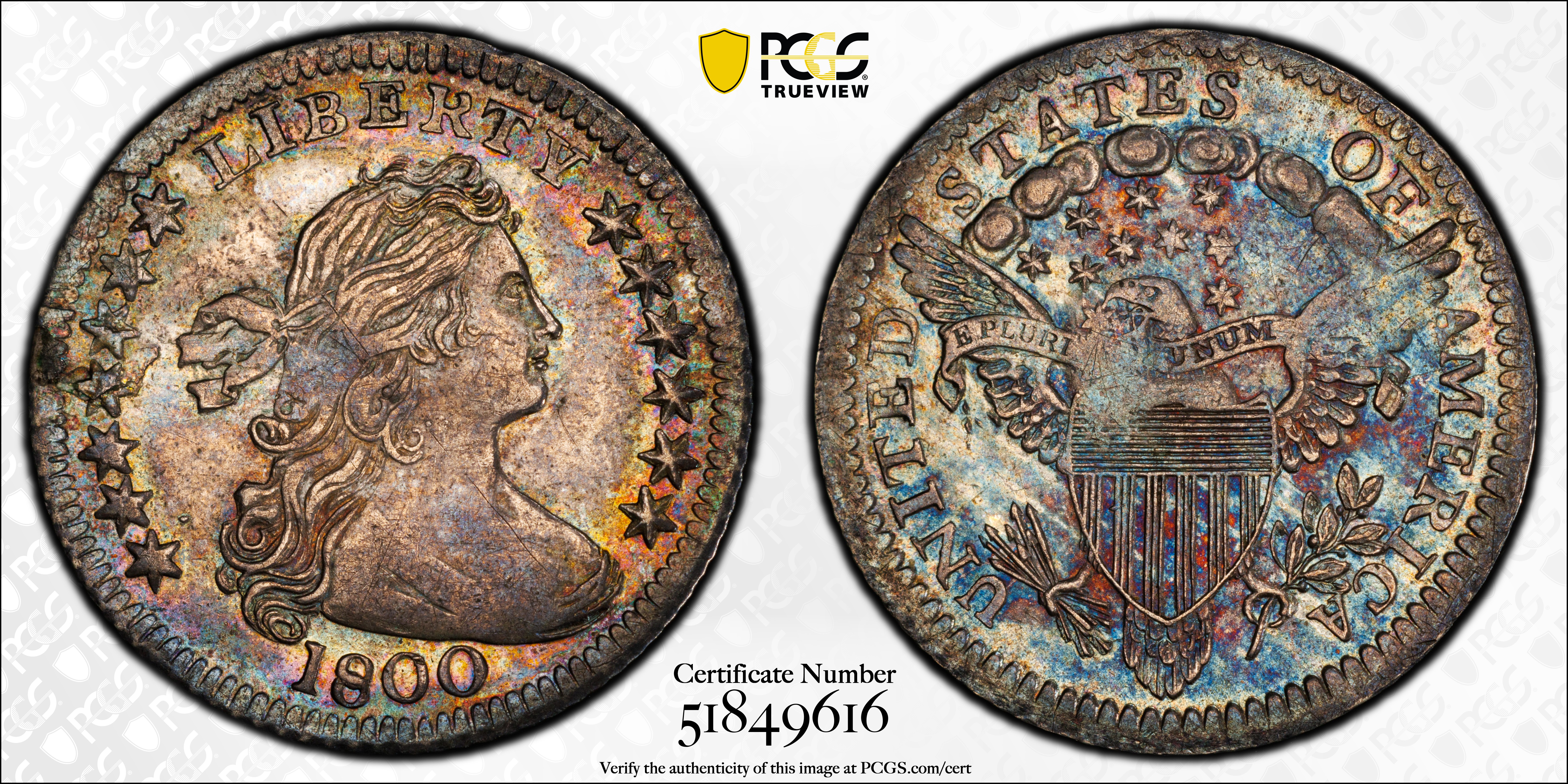 image for: 1800 Draped Bust Half Dime. LM-3, V-2. Rarity-4. LIBEKTY. MS-63+ (PCGS). CAC.