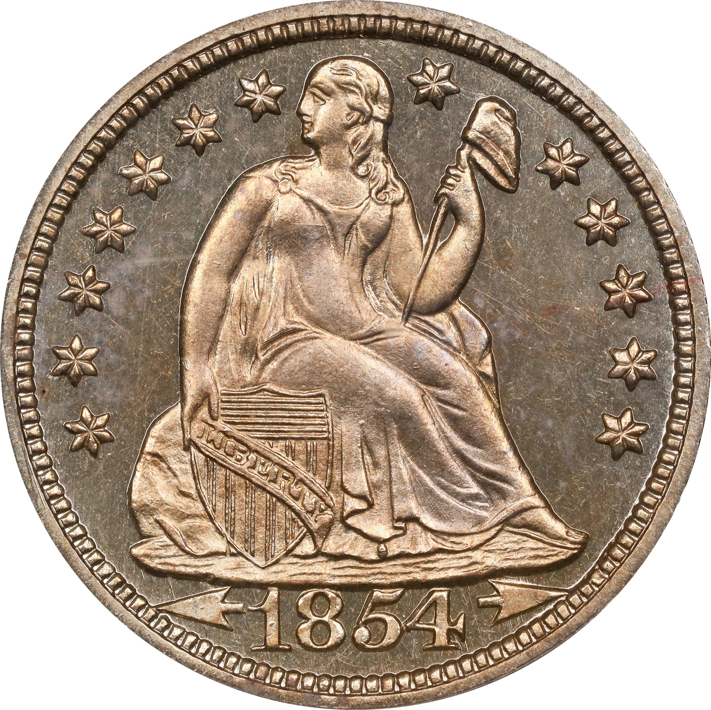 image for: 1854 Liberty Seated Dime. Arrows. Fortin-111. Rarity-7. Proof-65 Cameo (PCGS). CAC.