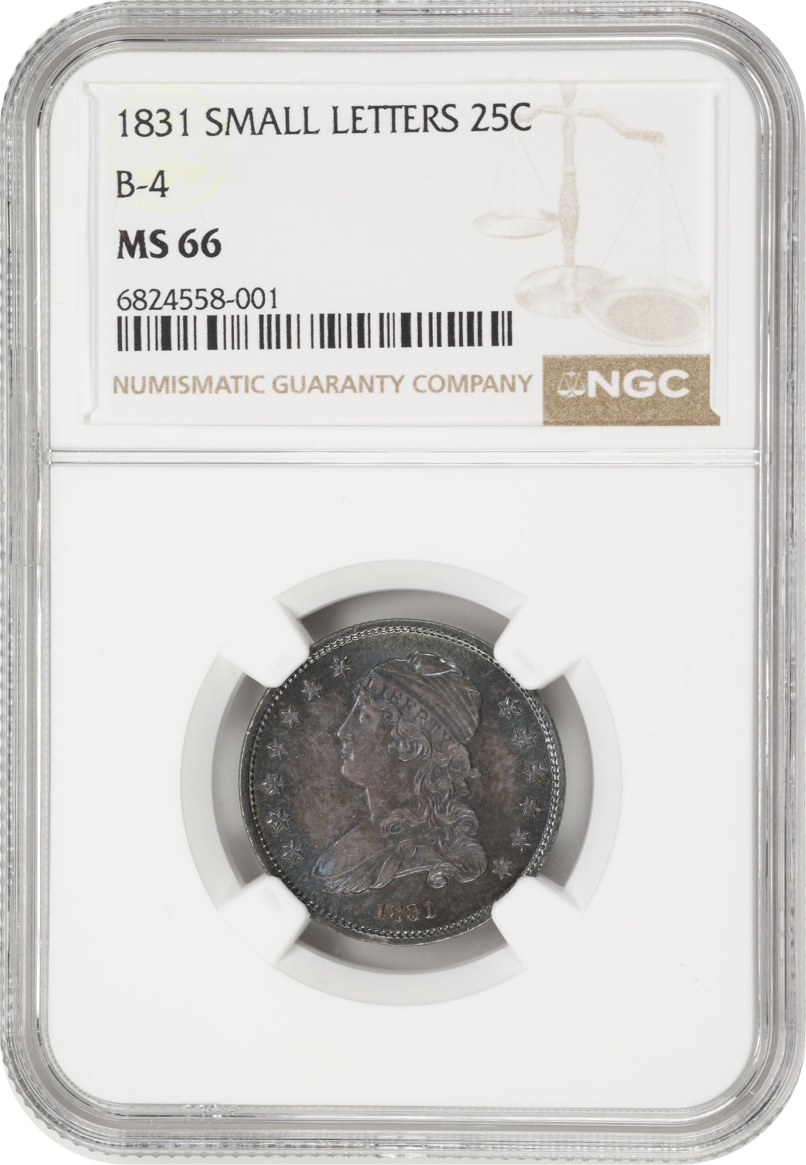 image for: 1831 Capped Bust Quarter. B-4. Rarity-1. Small Letters. MS-66 (NGC).