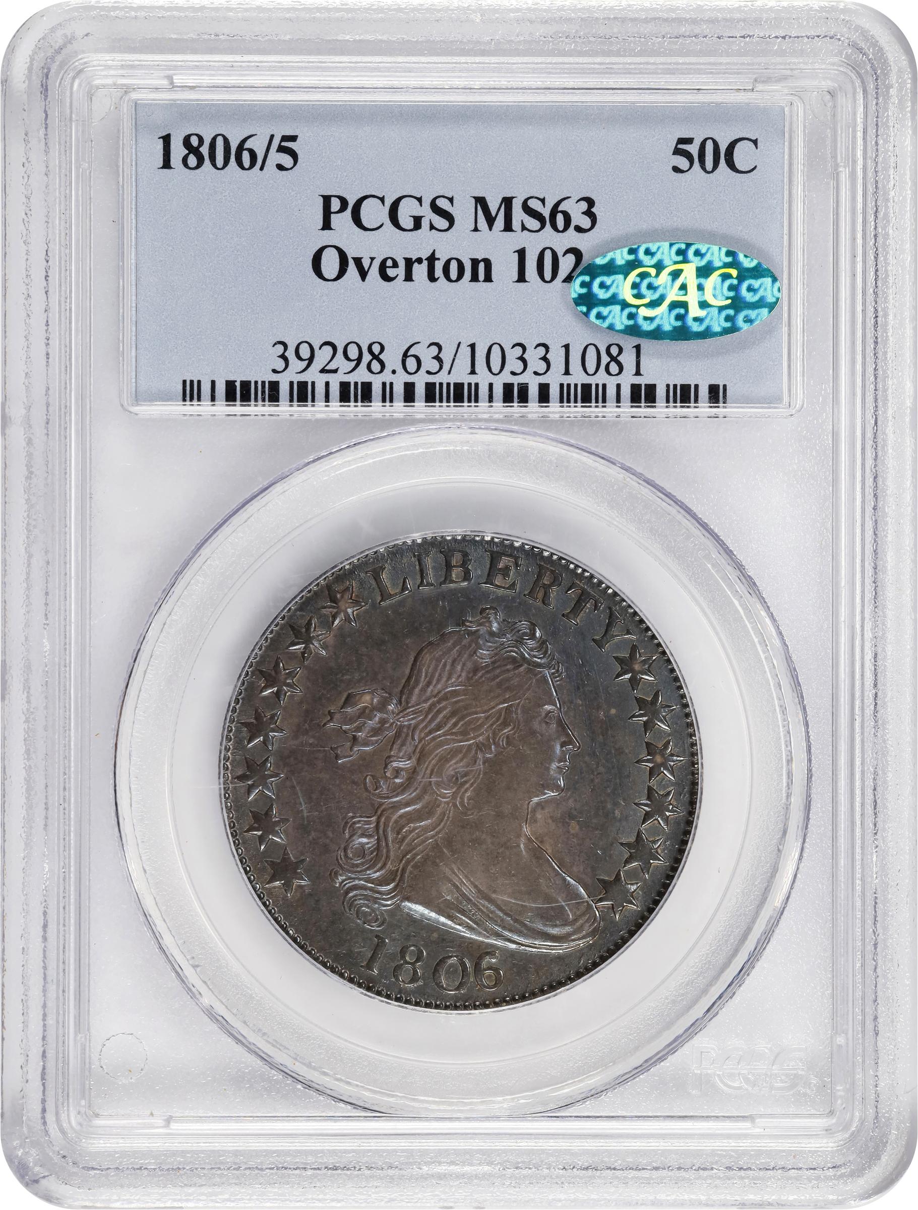 image for: 1806/5 Draped Bust Half Dollar. O-102, T-7. Rarity-4-. Large Stars. MS-63 (PCGS). CAC.