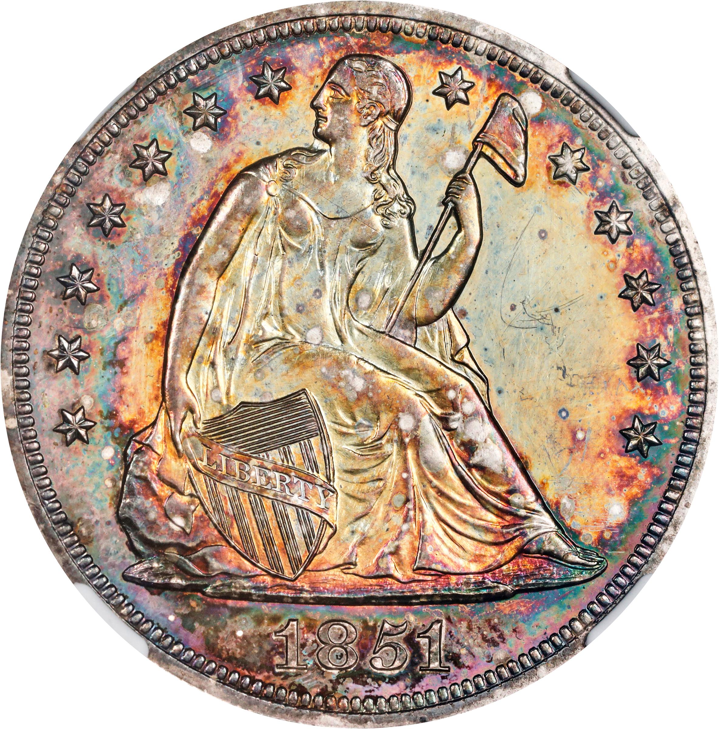 image for: 1851 Liberty Seated Silver Dollar. Restrike. OC-P4. Rarity-6+. Proof-63 (NGC). CAC.