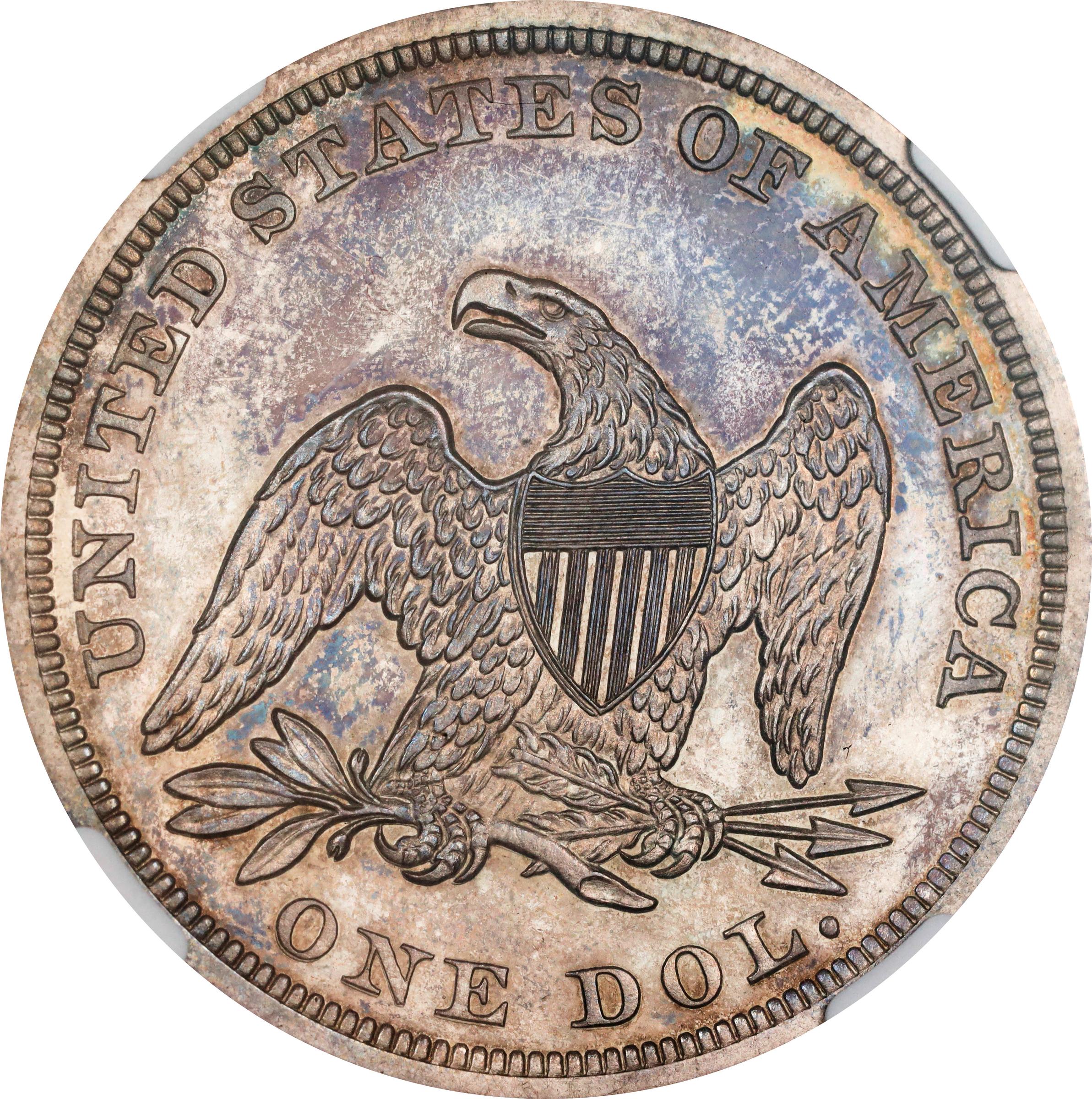 image for: 1851 Liberty Seated Silver Dollar. Restrike. OC-P4. Rarity-6+. Proof-63 (NGC). CAC.