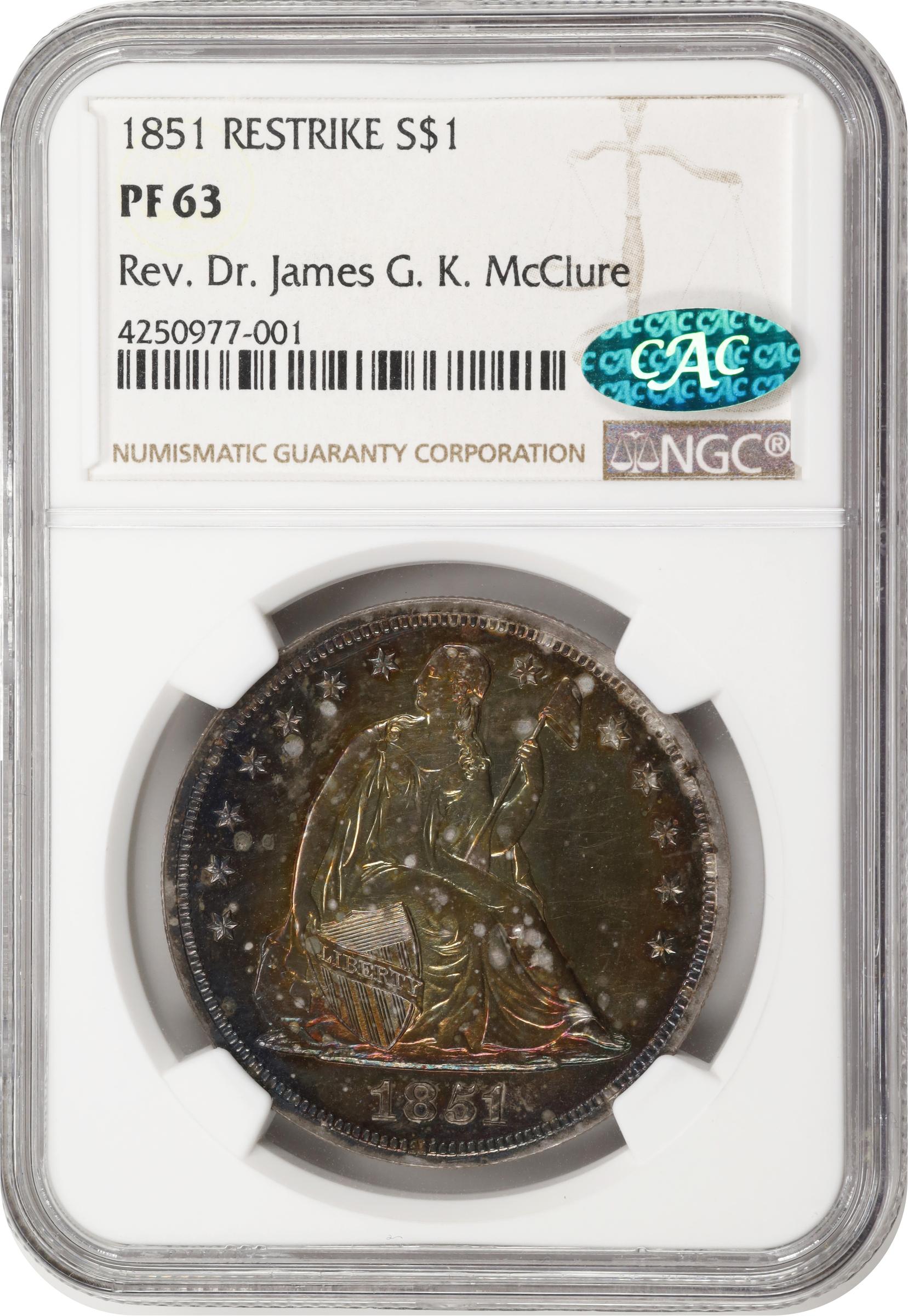 image for: 1851 Liberty Seated Silver Dollar. Restrike. OC-P4. Rarity-6+. Proof-63 (NGC). CAC.