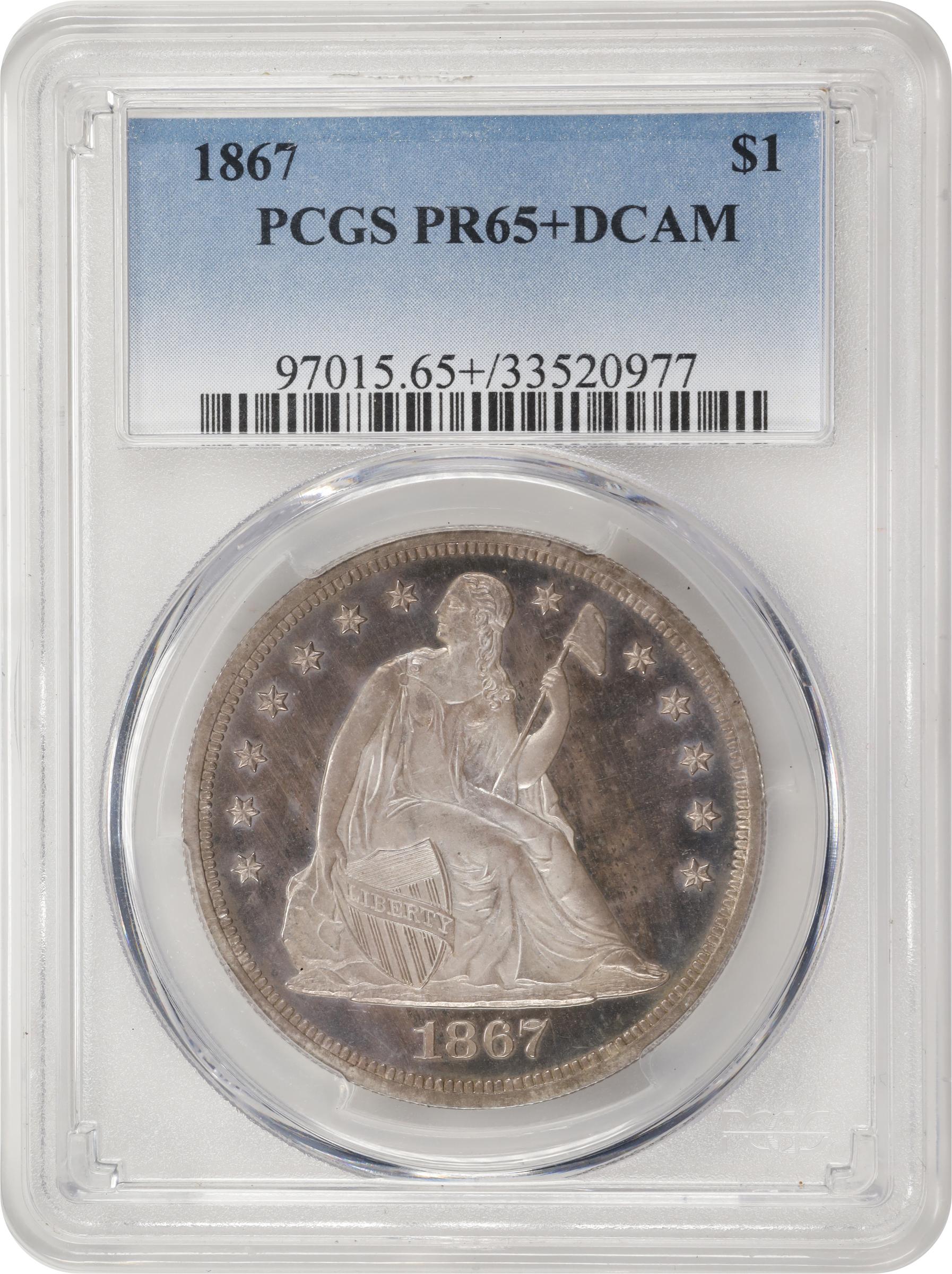 image for: 1867 Liberty Seated Silver Dollar. Proof-65+ Deep Cameo (PCGS).