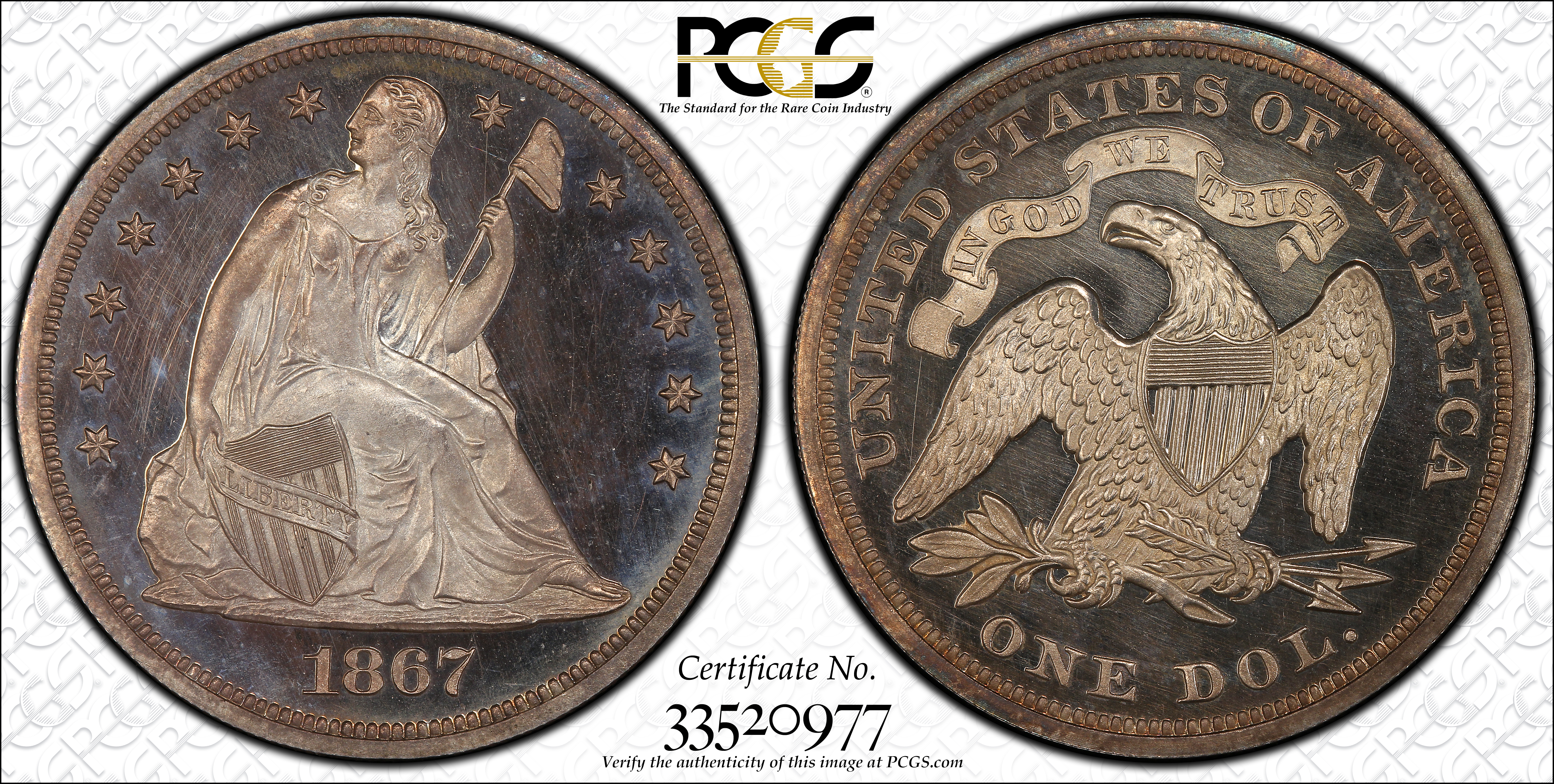 image for: 1867 Liberty Seated Silver Dollar. Proof-65+ Deep Cameo (PCGS).