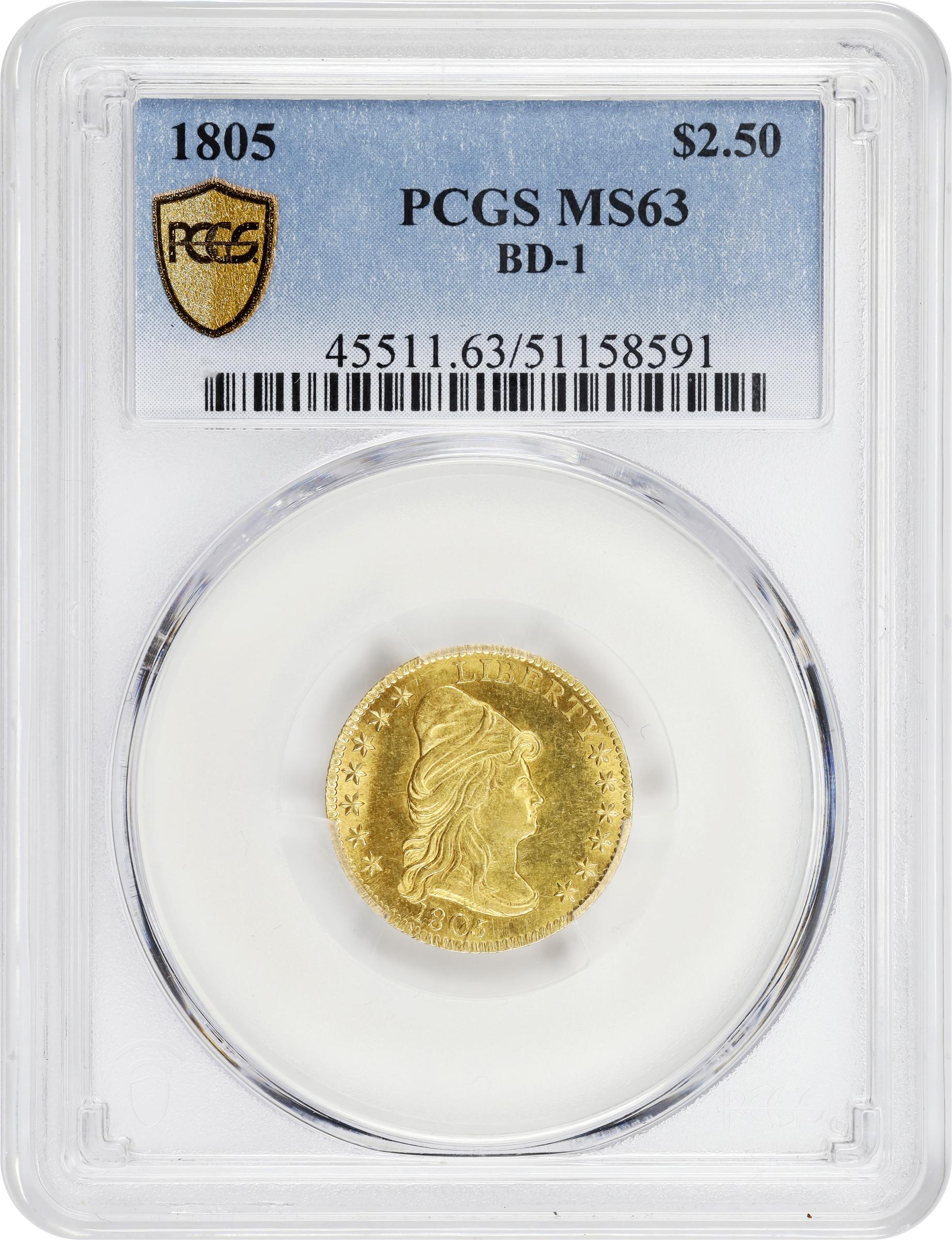 image for: 1805 Capped Bust Right Quarter Eagle. BD-1. Rarity-4. MS-63 (PCGS).