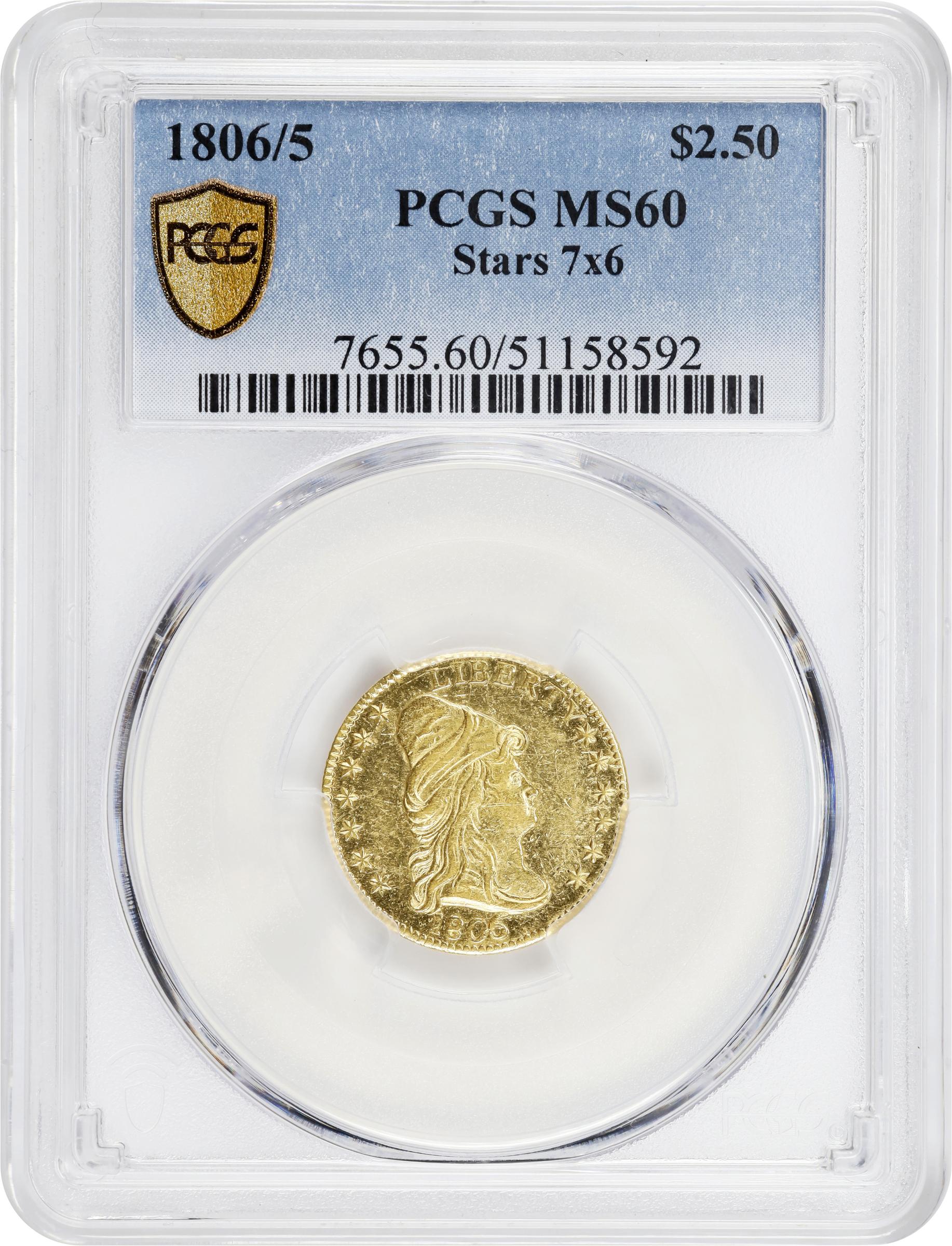 image for: 1806/5 Capped Bust Right Quarter Eagle. BD-2. Rarity-5+. Stars 7x6. MS-60 (PCGS).