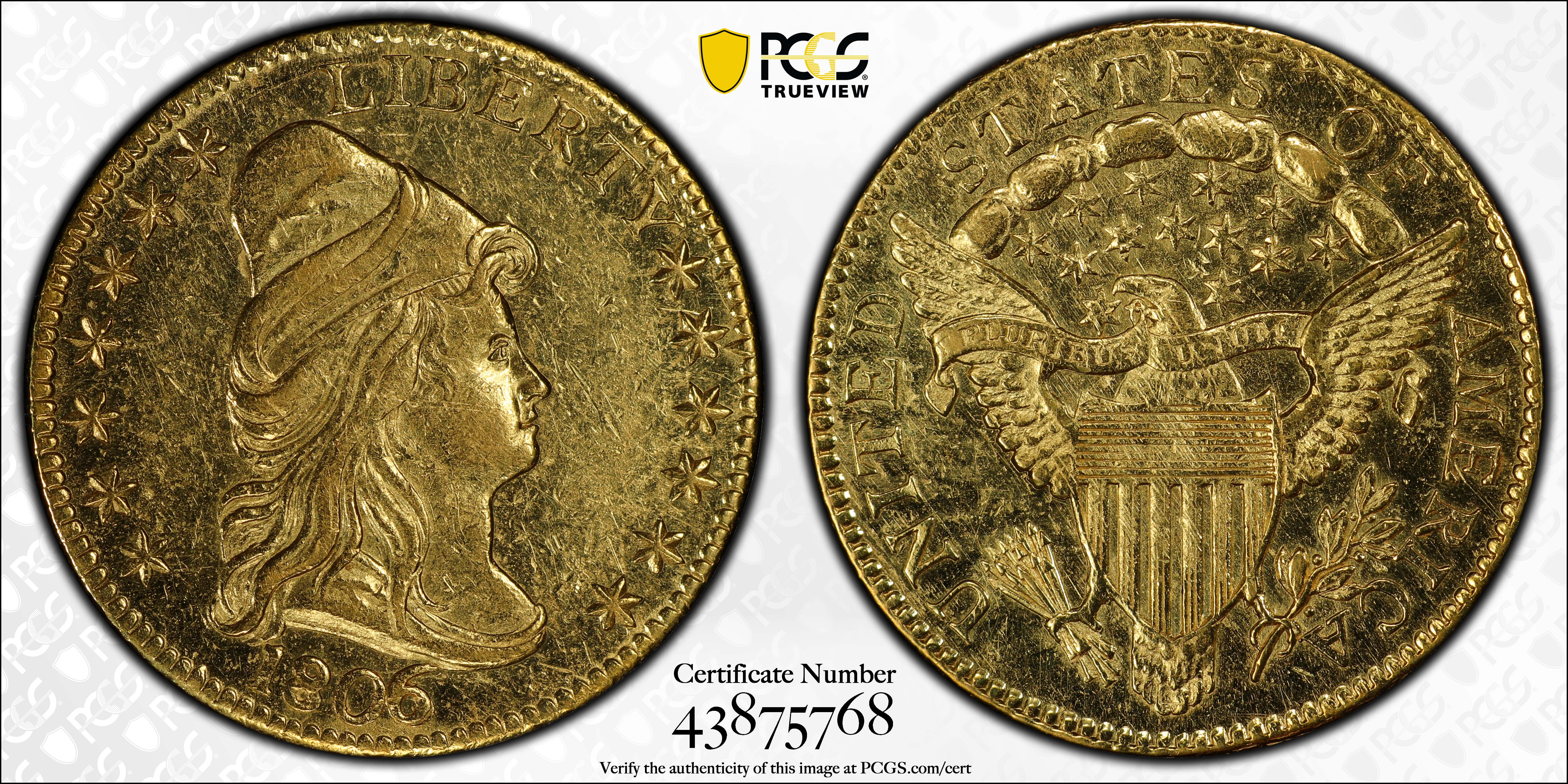 image for: 1806/5 Capped Bust Right Quarter Eagle. BD-2. Rarity-5+. Stars 7x6. MS-60 (PCGS).