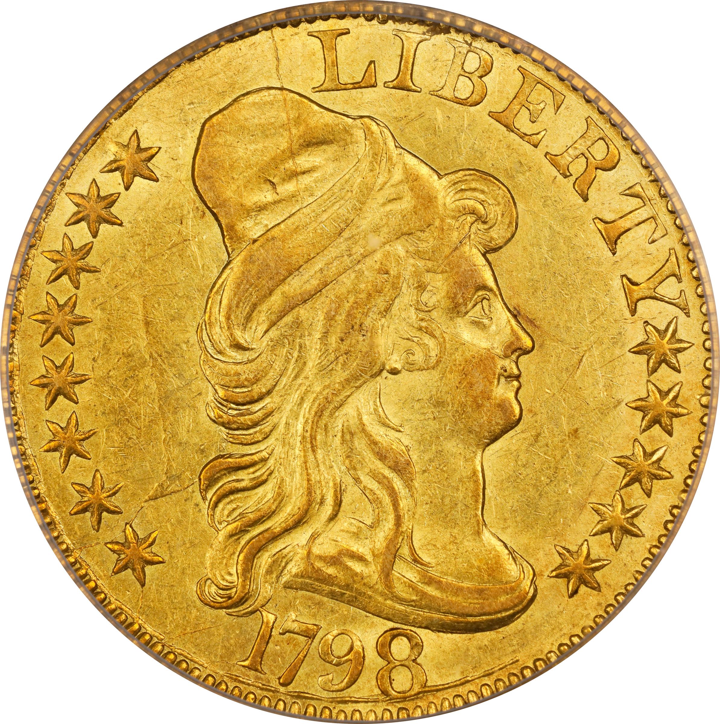 image for: 1798 Capped Bust Right Half Eagle. Heraldic Eagle. BD-2. Rarity-5. Large 8, 13-Star Reverse, Narrow Date. AU-58 (PCGS). CAC.