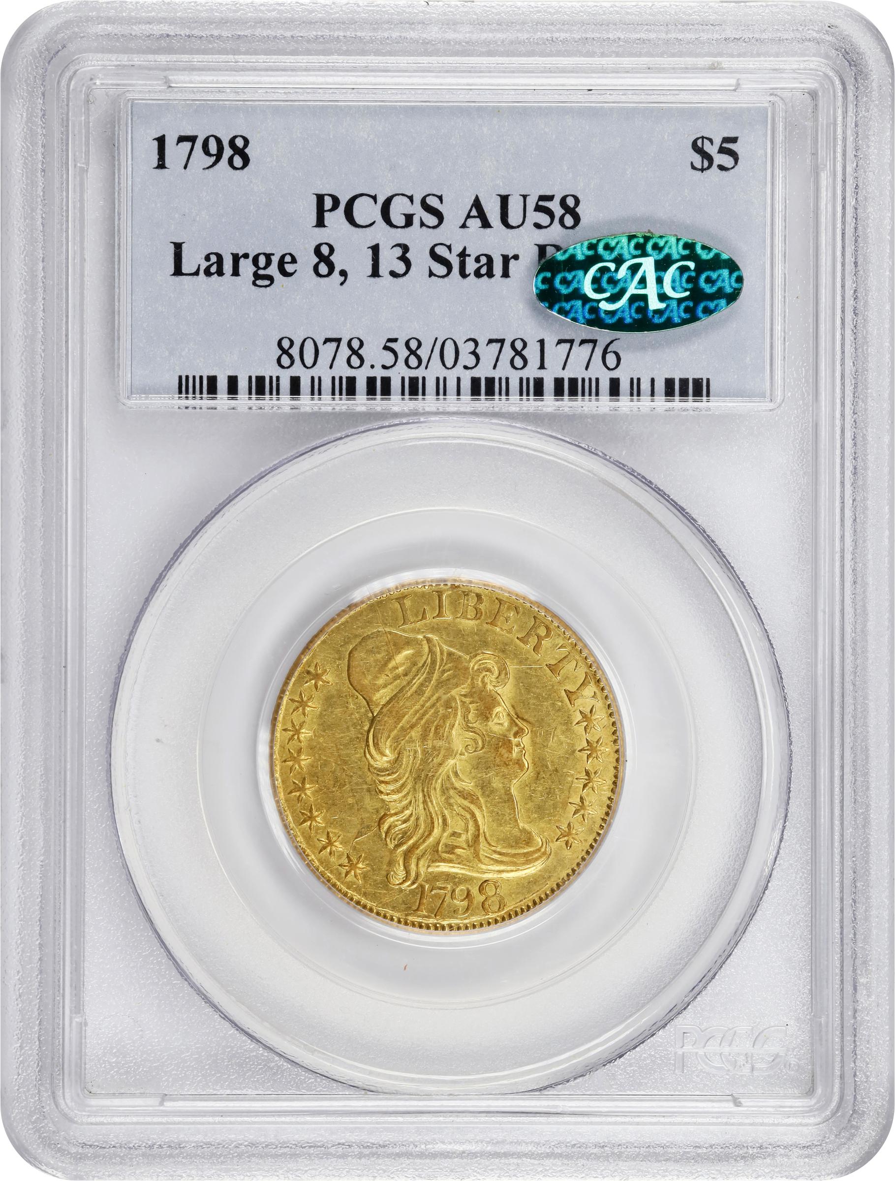 image for: 1798 Capped Bust Right Half Eagle. Heraldic Eagle. BD-2. Rarity-5. Large 8, 13-Star Reverse, Narrow Date. AU-58 (PCGS). CAC.
