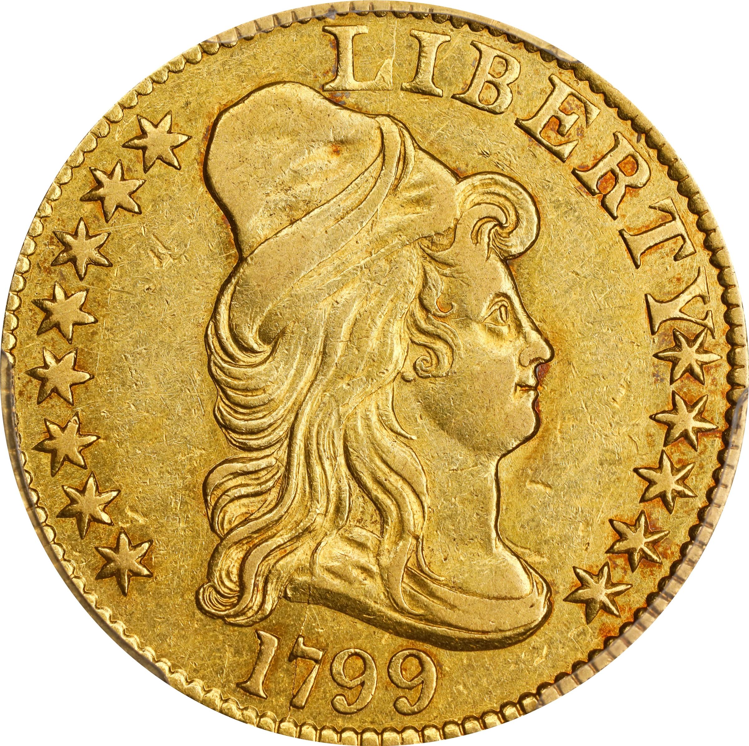 image for: 1799 Capped Bust Right Half Eagle. BD-8. Rarity-6. Large Reverse Stars. AU-53 (PCGS). CAC. Gold Harry W. Bass, Jr. Collection Label.