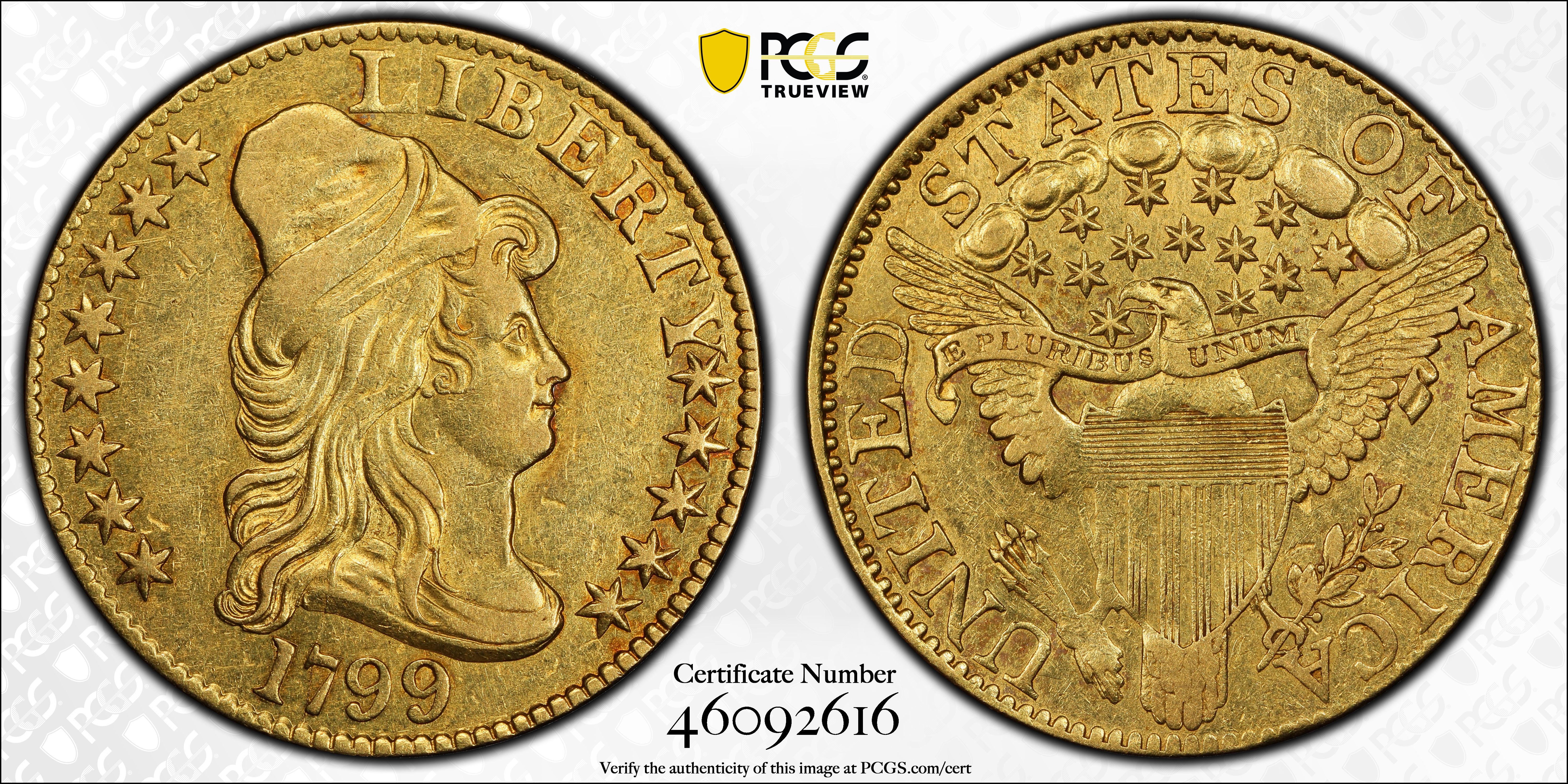 image for: 1799 Capped Bust Right Half Eagle. BD-8. Rarity-6. Large Reverse Stars. AU-53 (PCGS). CAC. Gold Harry W. Bass, Jr. Collection Label.