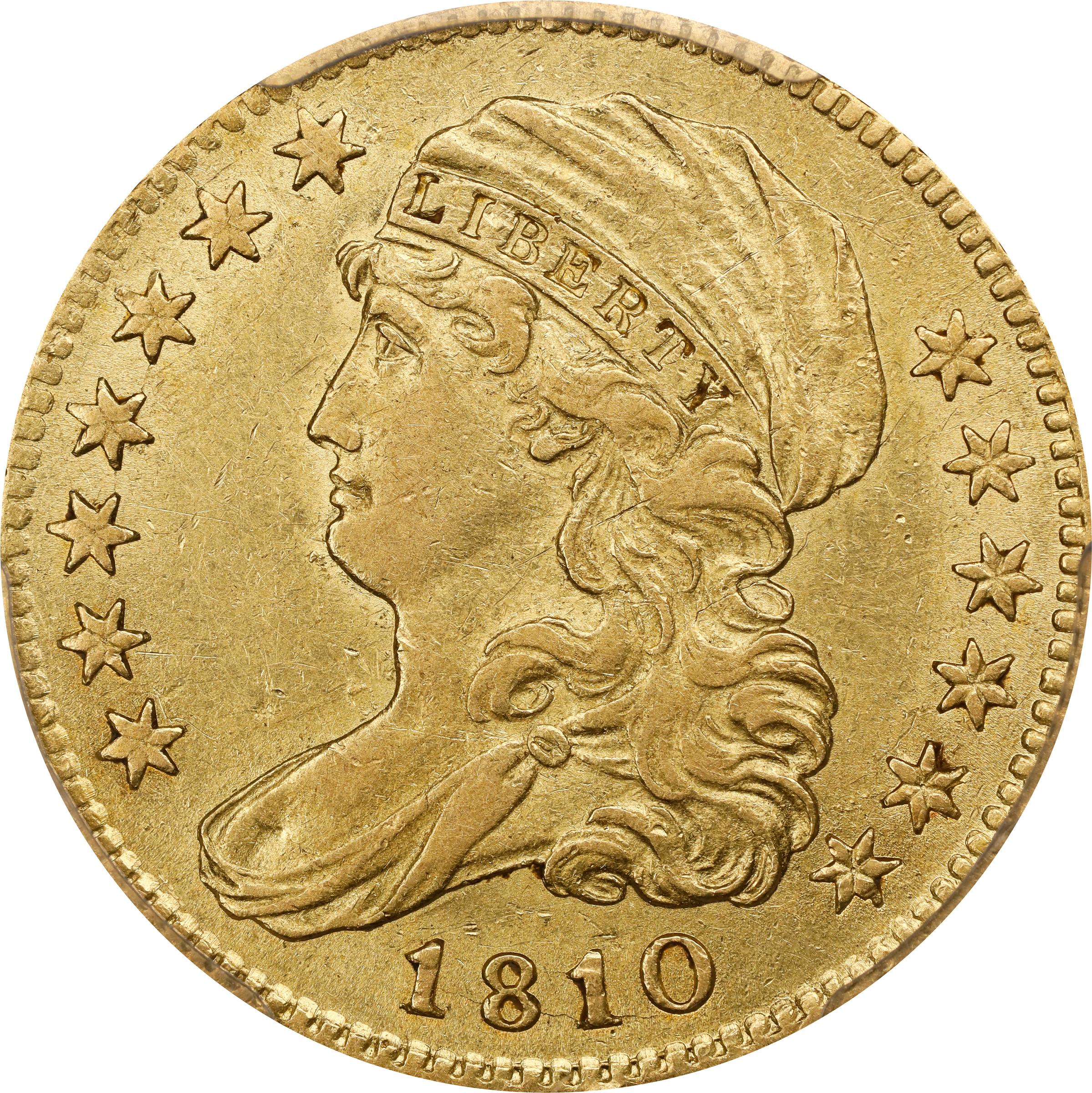 image for: 1810 Capped Bust Left Half Eagle. BD-1. Rarity-3+. Small Date, Tall 5. AU-58 (PCGS). CAC.