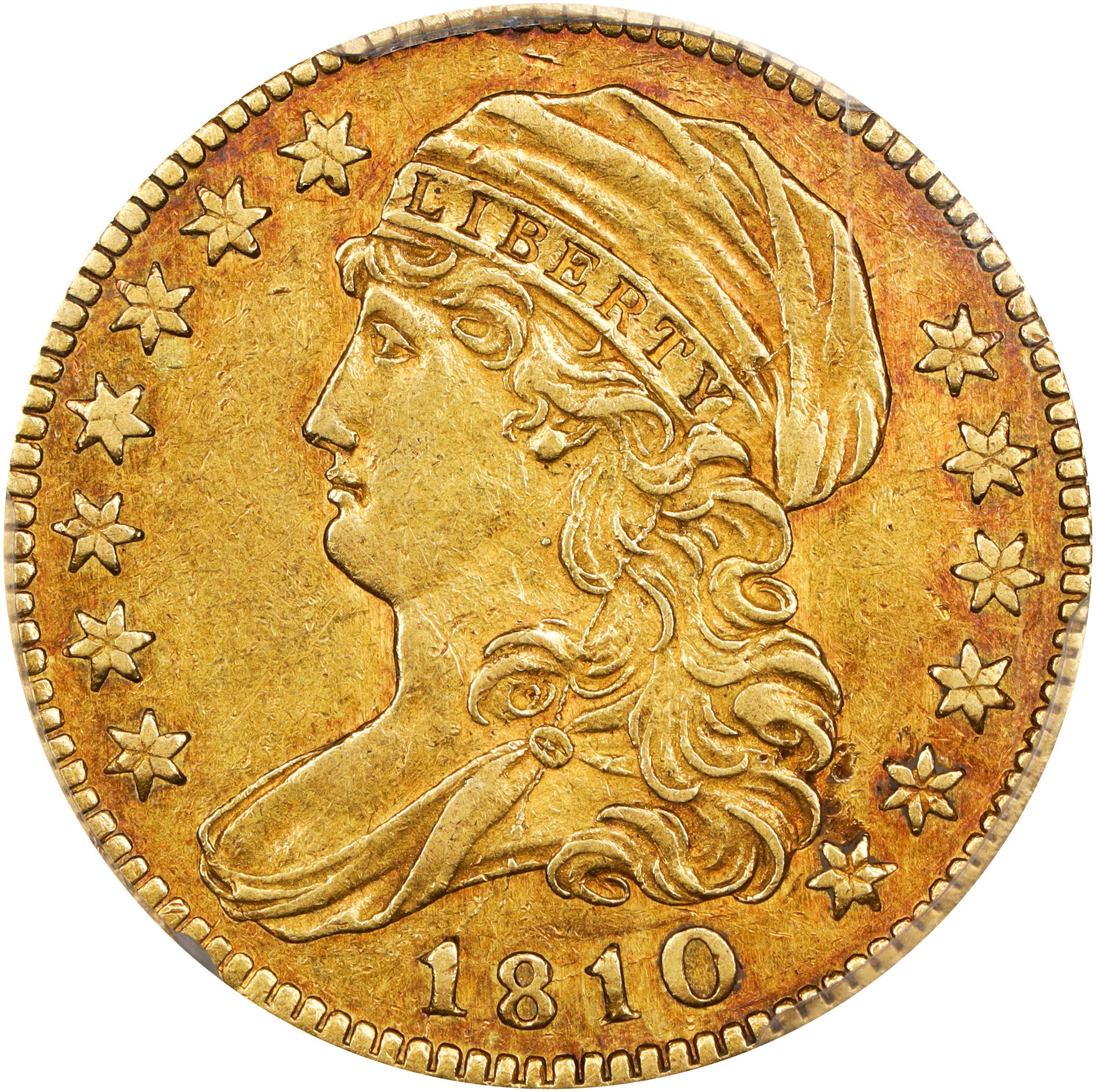 image for: 1810 Capped Bust Left Half Eagle. BD-2. Rarity-6. Small Date. Small 5. AU-55+ (PCGS). CAC. Gold Harry W. Bass, Jr. Collection Label.