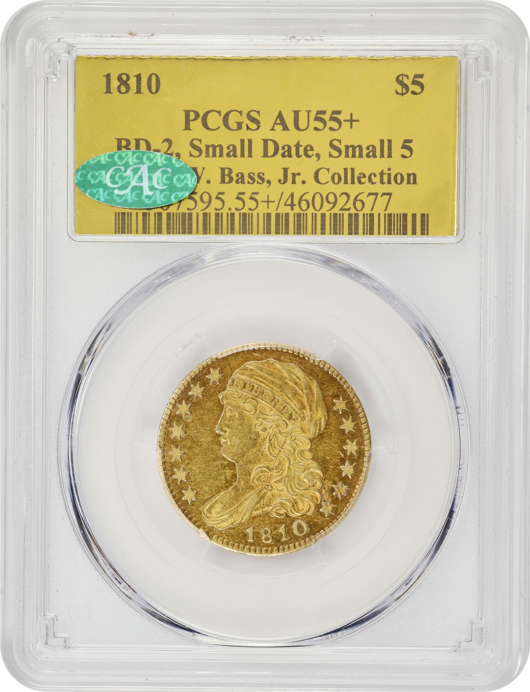 image for: 1810 Capped Bust Left Half Eagle. BD-2. Rarity-6. Small Date. Small 5. AU-55+ (PCGS). CAC. Gold Harry W. Bass, Jr. Collection Label.