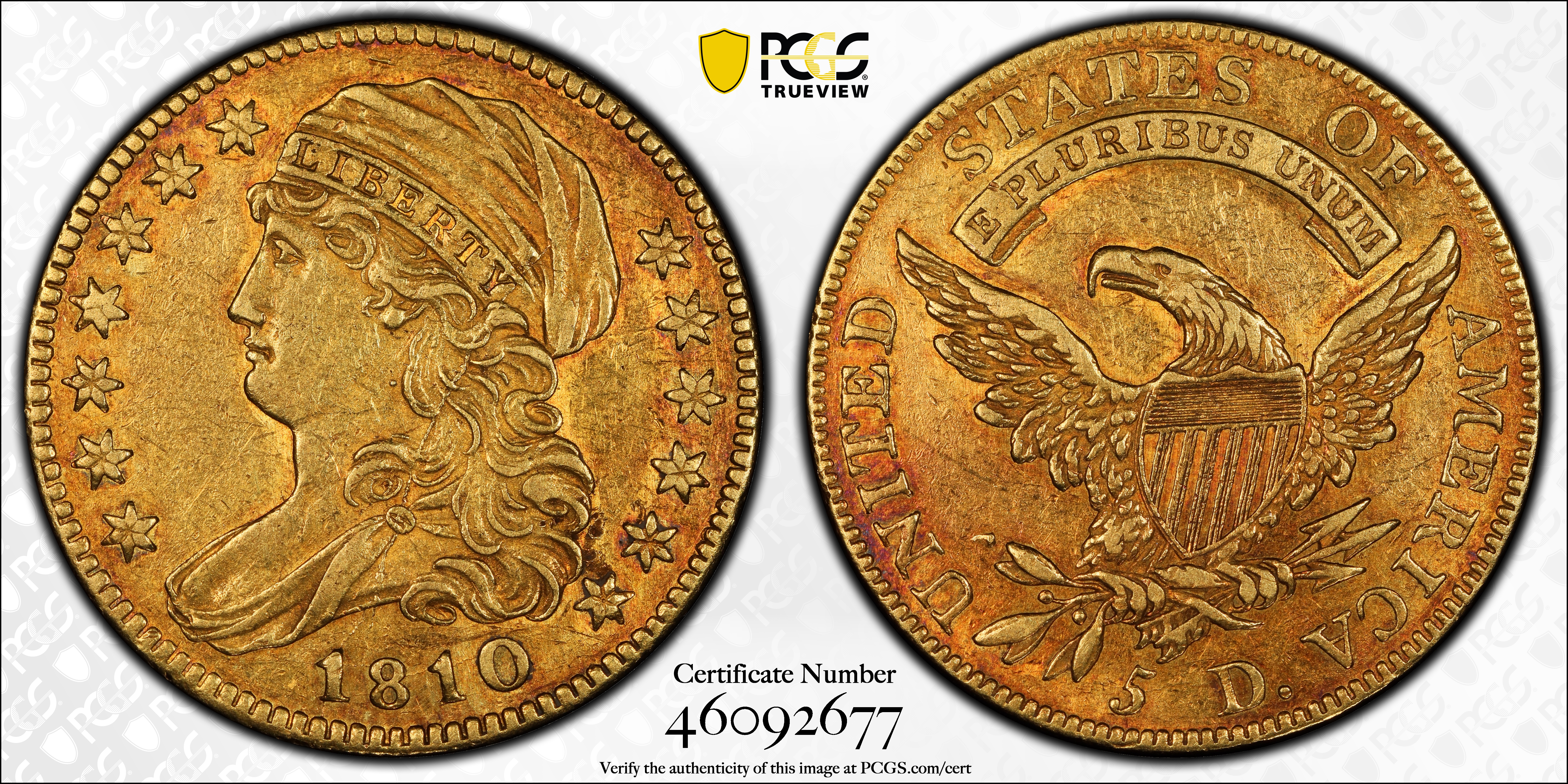 image for: 1810 Capped Bust Left Half Eagle. BD-2. Rarity-6. Small Date. Small 5. AU-55+ (PCGS). CAC. Gold Harry W. Bass, Jr. Collection Label.
