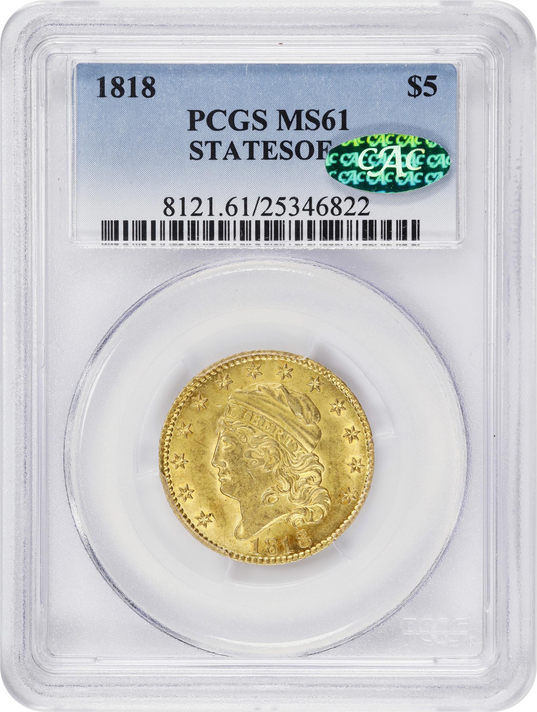 image for: 1818 Capped Head Left Half Eagle. BD-2. Rarity-4. STATESOF. MS-61 (PCGS). CAC.