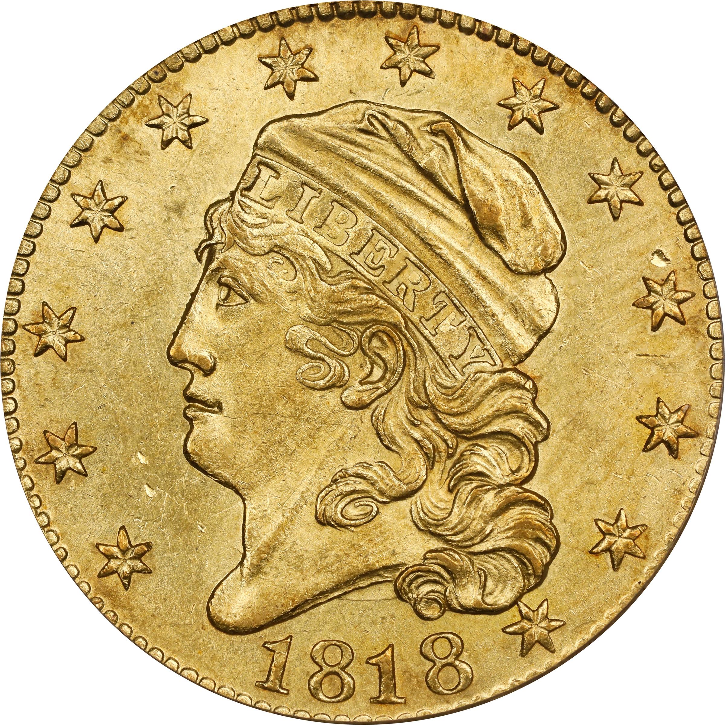 image for: 1818 Capped Head Left Half Eagle. BD-3. Rarity-5. 5D/50. MS-63 (PCGS). CAC.