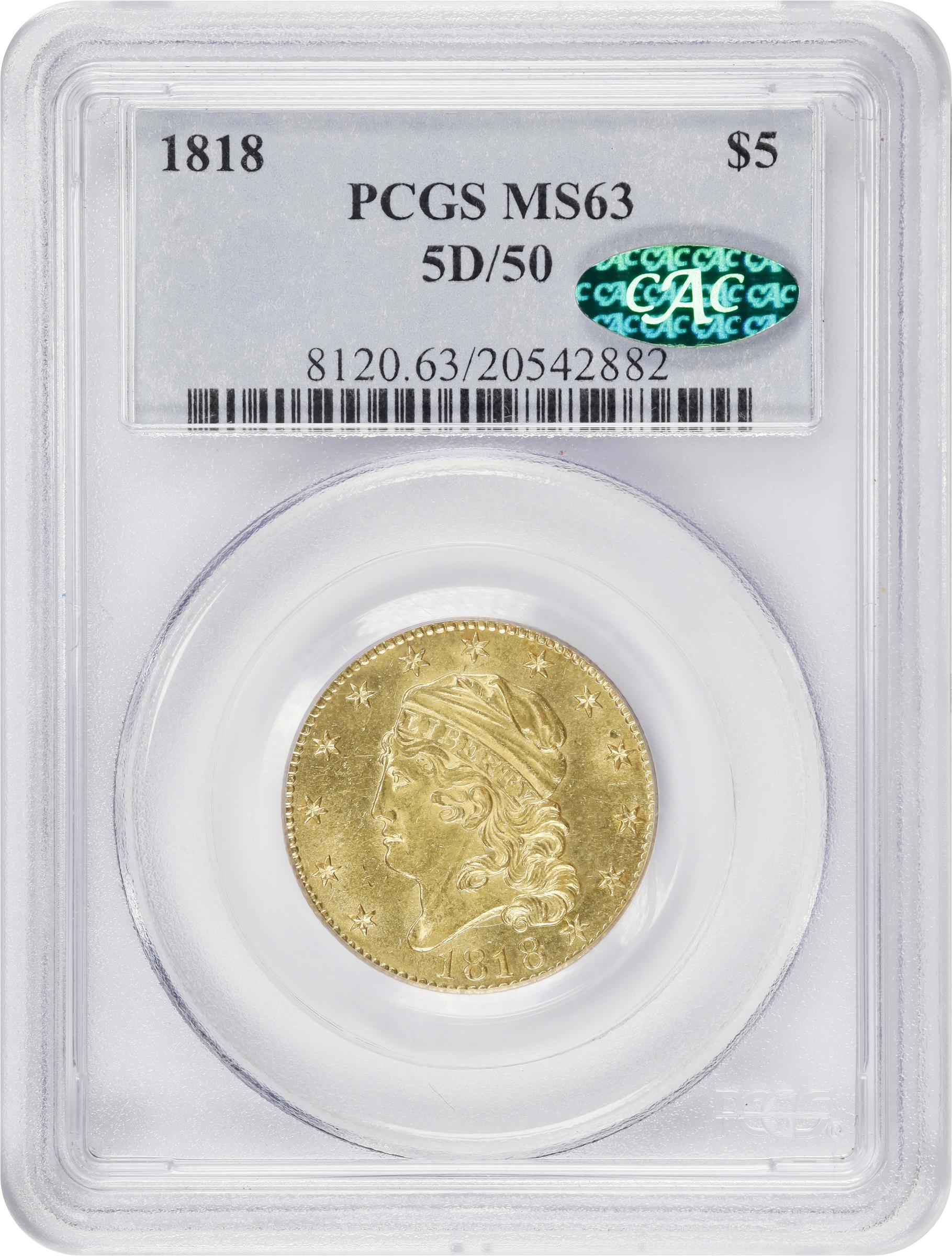 image for: 1818 Capped Head Left Half Eagle. BD-3. Rarity-5. 5D/50. MS-63 (PCGS). CAC.