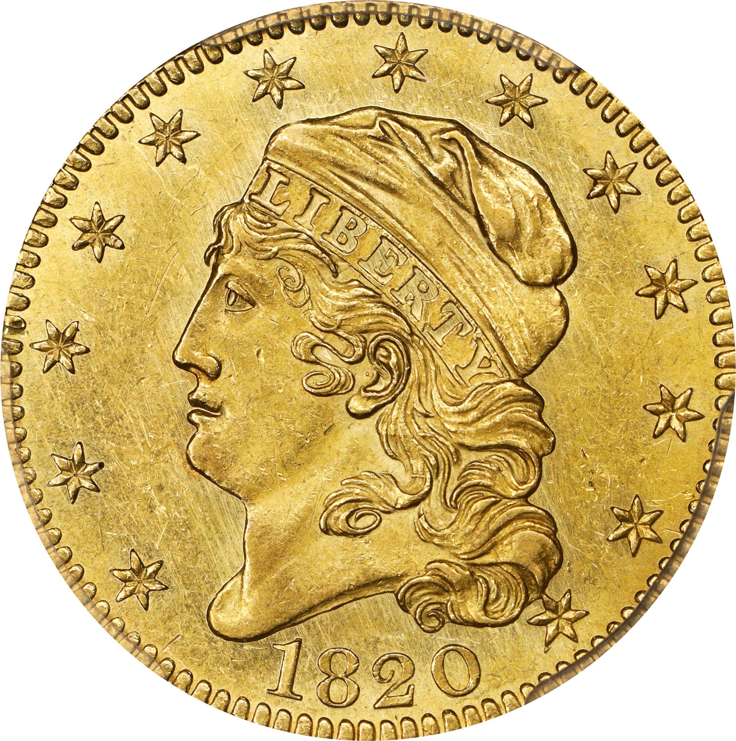 image for: 1820 Capped Head Left Half Eagle. BD-2. Rarity-5+. Square-Base 2, Large Letters. MS-63+ (PCGS). CAC. CMQ.