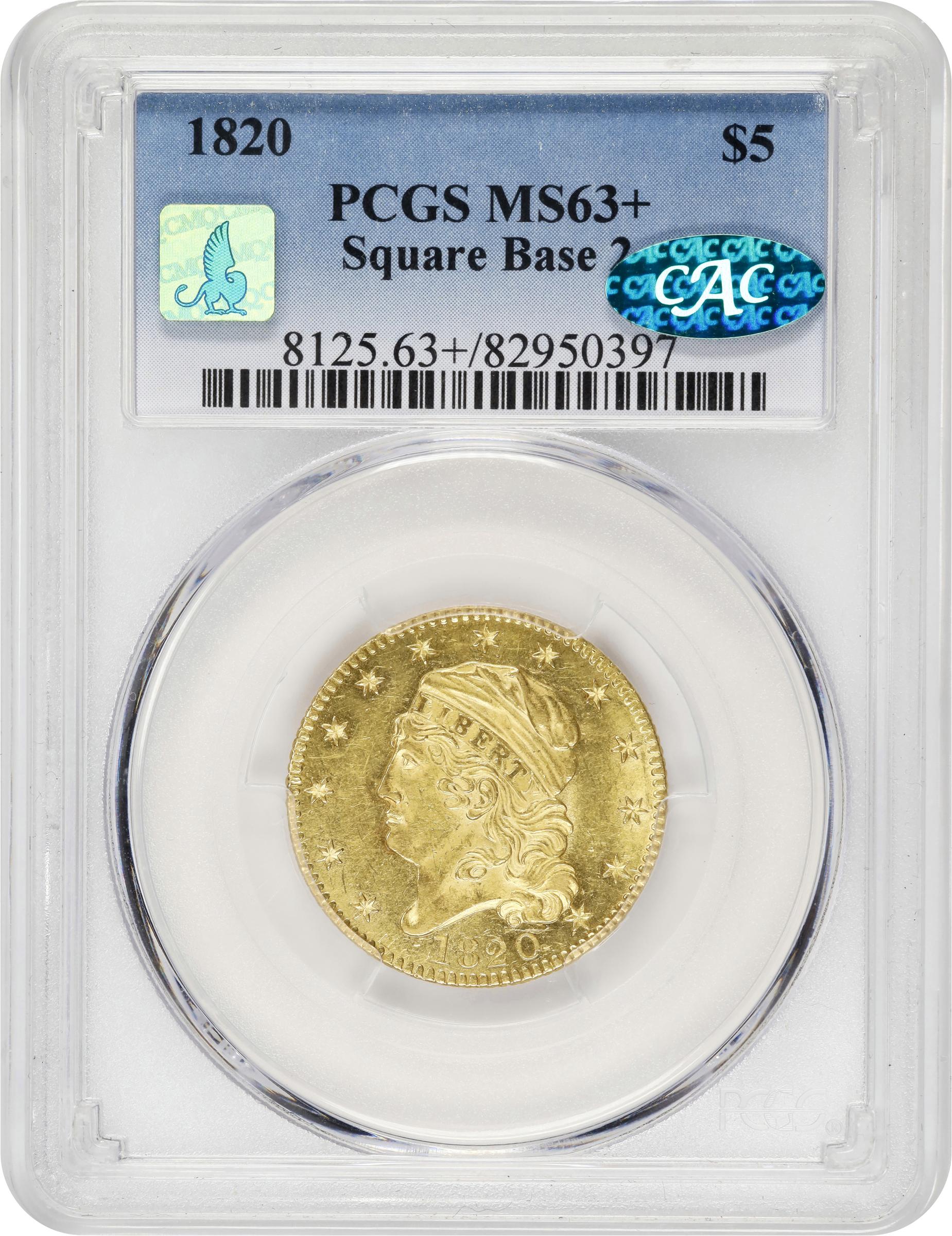 image for: 1820 Capped Head Left Half Eagle. BD-2. Rarity-5+. Square-Base 2, Large Letters. MS-63+ (PCGS). CAC. CMQ.