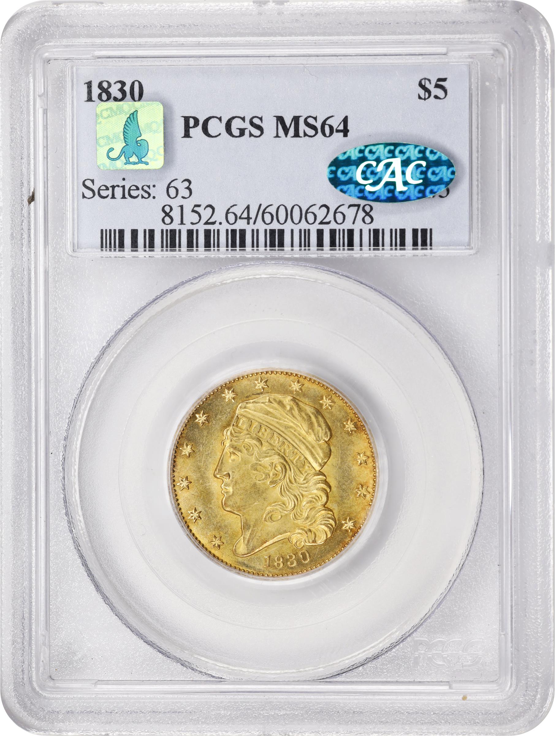 image for: 1830 Capped Head Left Half Eagle. BD-1. Rarity-6. Large D. MS-64 (PCGS). CAC. CMQ.