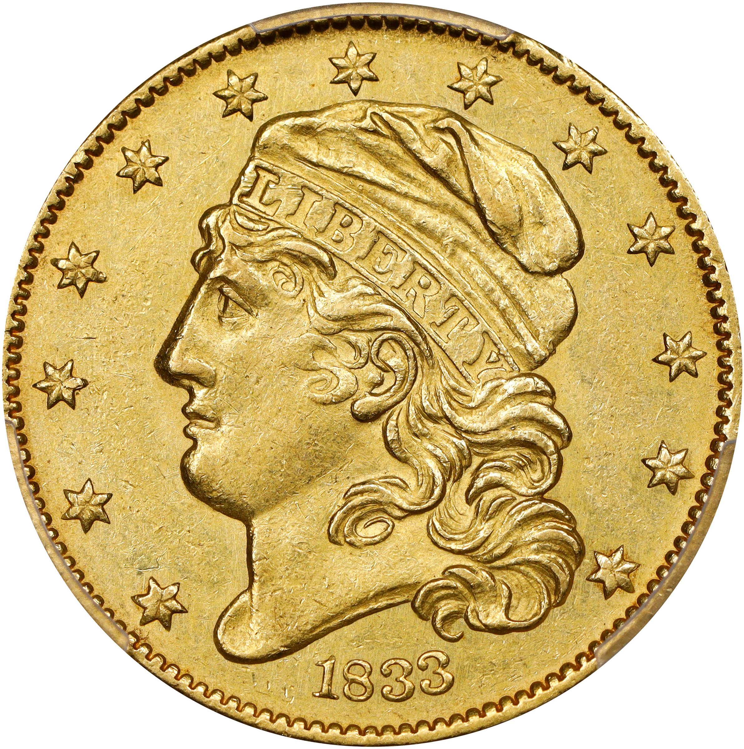 image for: 1833 Capped Head Left Half Eagle. BD-3. Rarity-7+. Close, Small Date, Close Period. AU-58+ (PCGS).