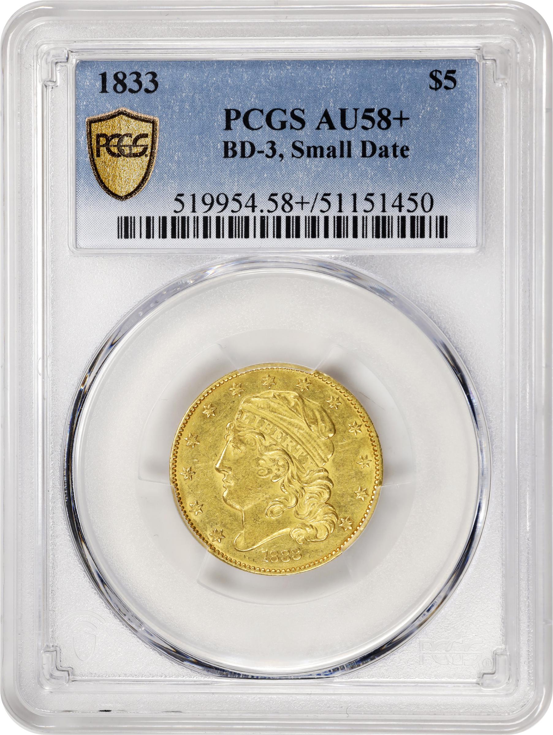 image for: 1833 Capped Head Left Half Eagle. BD-3. Rarity-7+. Close, Small Date, Close Period. AU-58+ (PCGS).