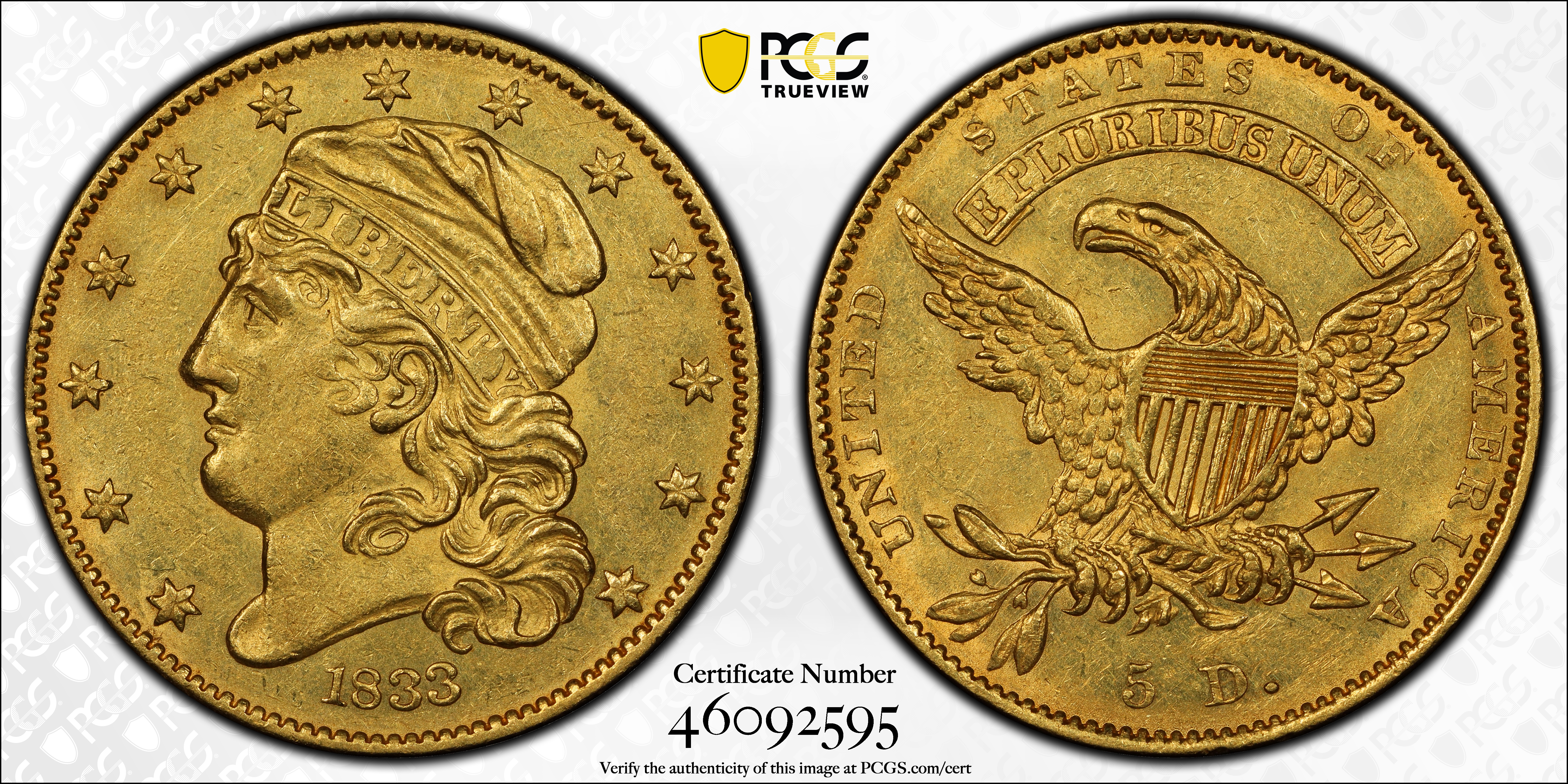 image for: 1833 Capped Head Left Half Eagle. BD-3. Rarity-7+. Close, Small Date, Close Period. AU-58+ (PCGS).