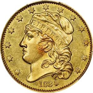 image for: 1834 Capped Head Left Half Eagle. BD-2. Rarity-5. Crosslet 4. MS-62+ (PCGS).