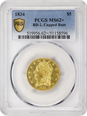 image for: 1834 Capped Head Left Half Eagle. BD-2. Rarity-5. Crosslet 4. MS-62+ (PCGS).