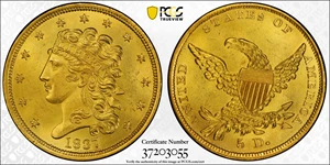 image for: 1837 Classic Head Half Eagle. HM-2. Rarity-3+. Block 8, Broken Arrow. MS-64+ (PCGS). CAC.