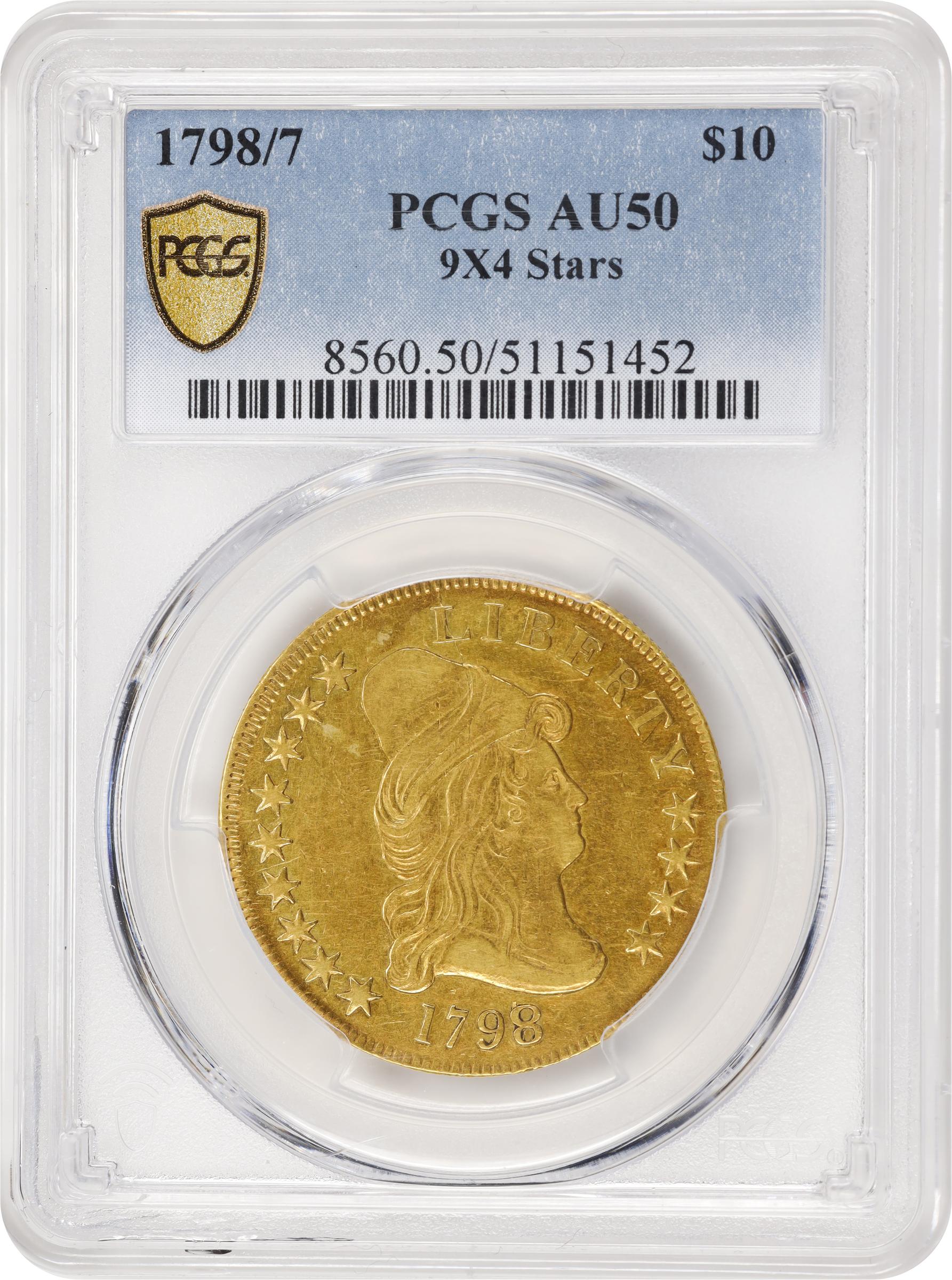 image for: 1798/7 Capped Bust Right Eagle. BD-1, Taraszka-9. Rarity-4+. Stars 9x4. AU-50 (PCGS).