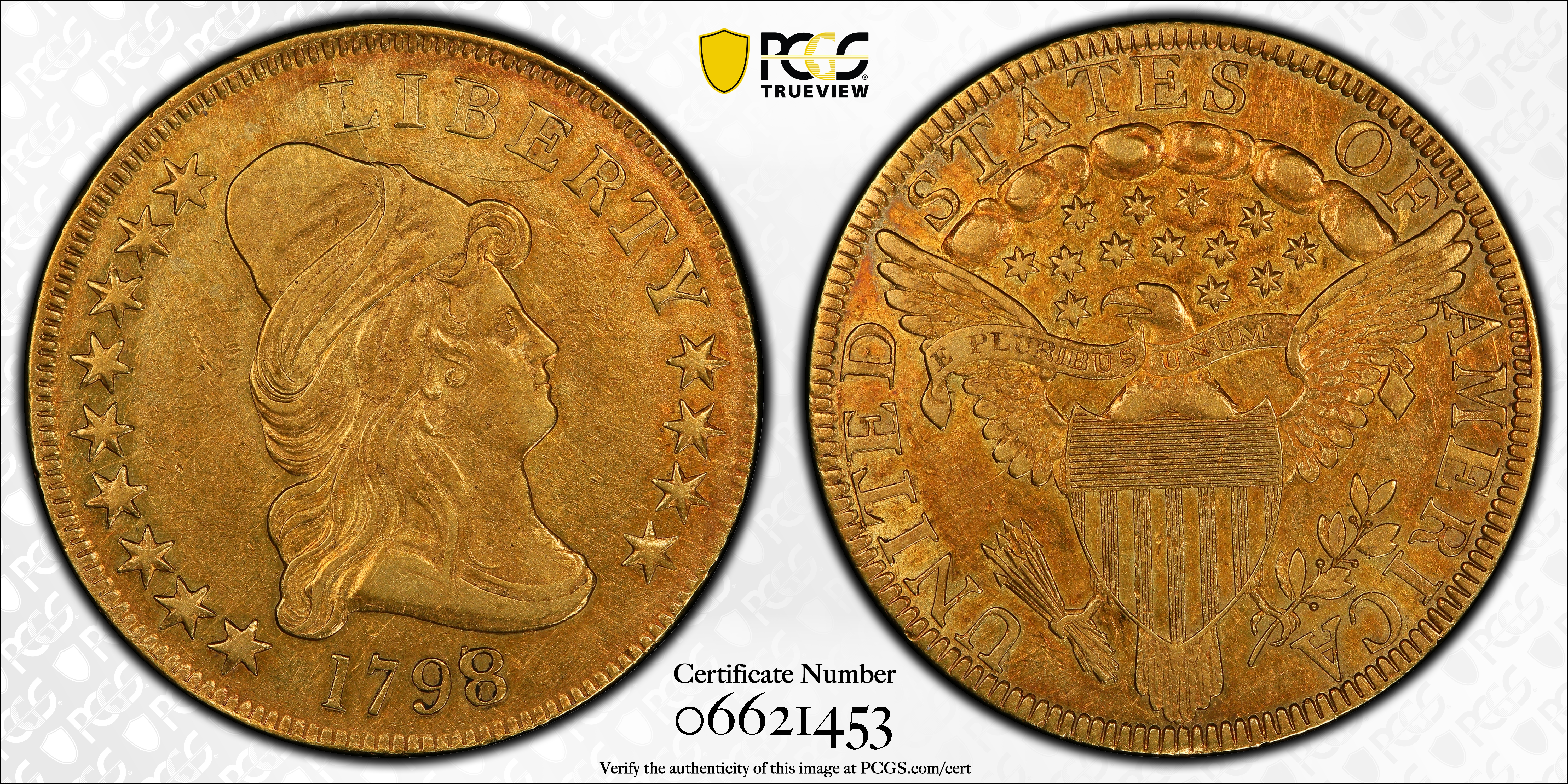 image for: 1798/7 Capped Bust Right Eagle. BD-1, Taraszka-9. Rarity-4+. Stars 9x4. AU-50 (PCGS).