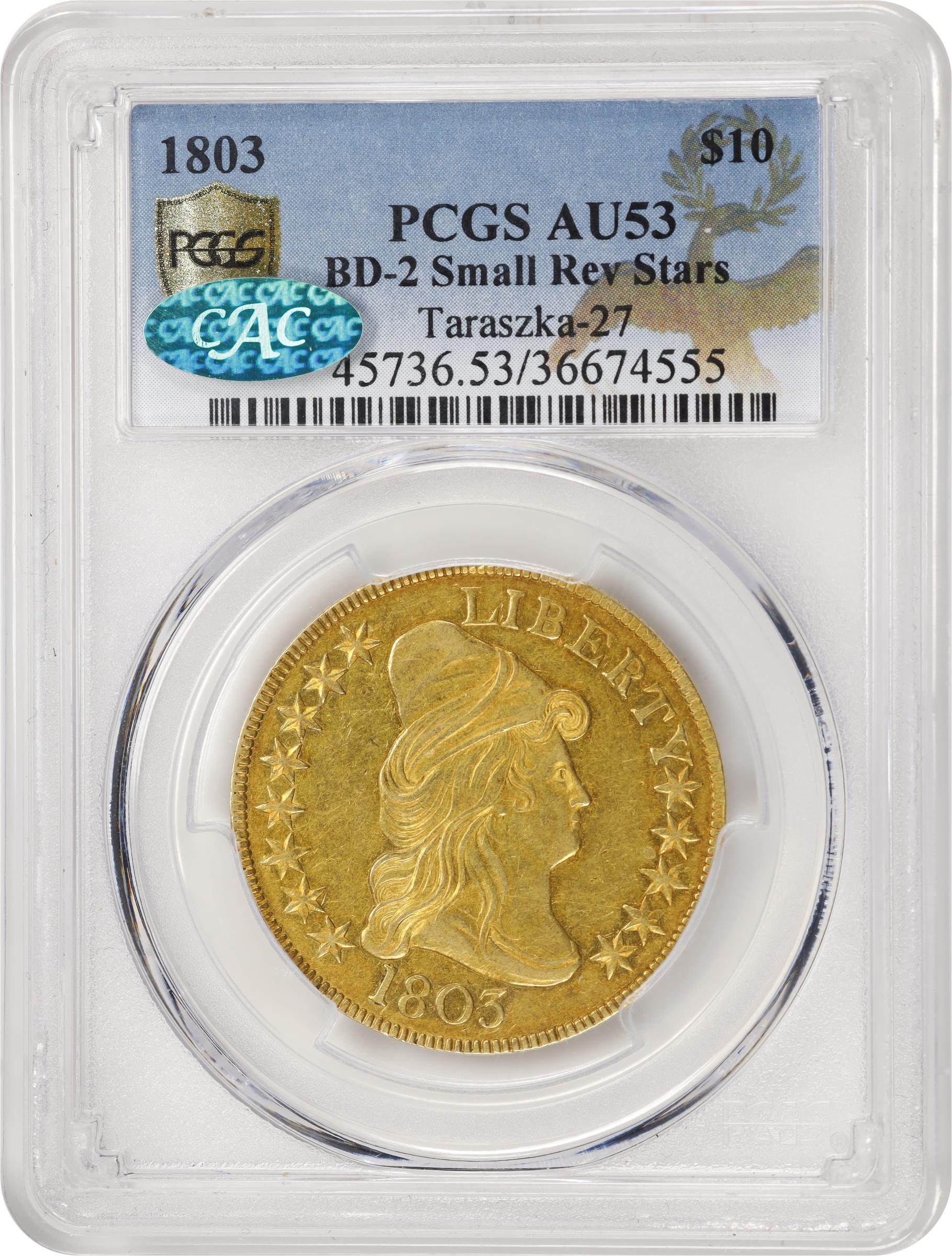 image for: 1803 Capped Bust Right Eagle. BD-2, Taraszka-27. Rarity-7. Small Reverse Stars. AU-53 (PCGS). CAC.