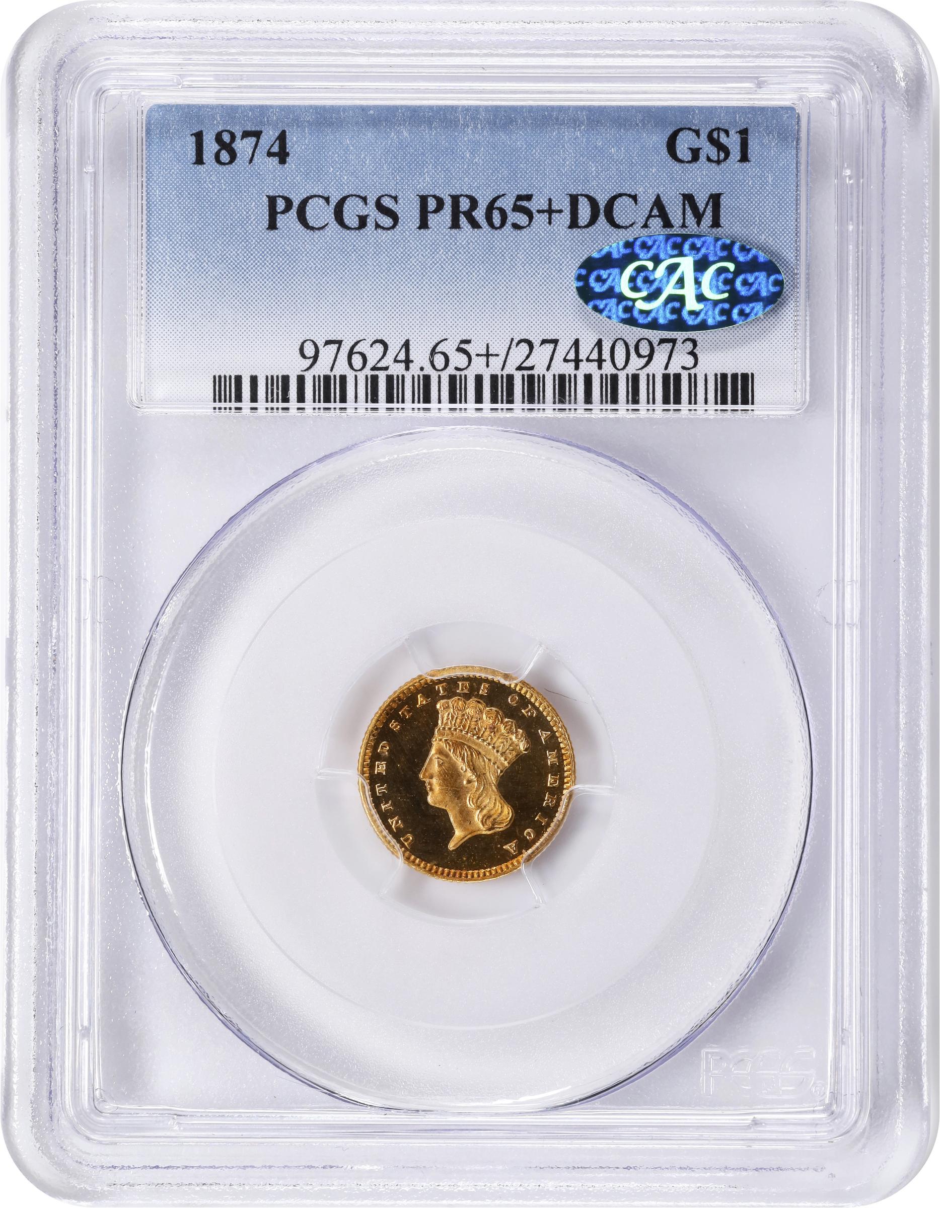 image for: 1874 Gold Dollar. JD-1. Rarity-7-. Proof-65+ Deep Cameo (PCGS). CAC.