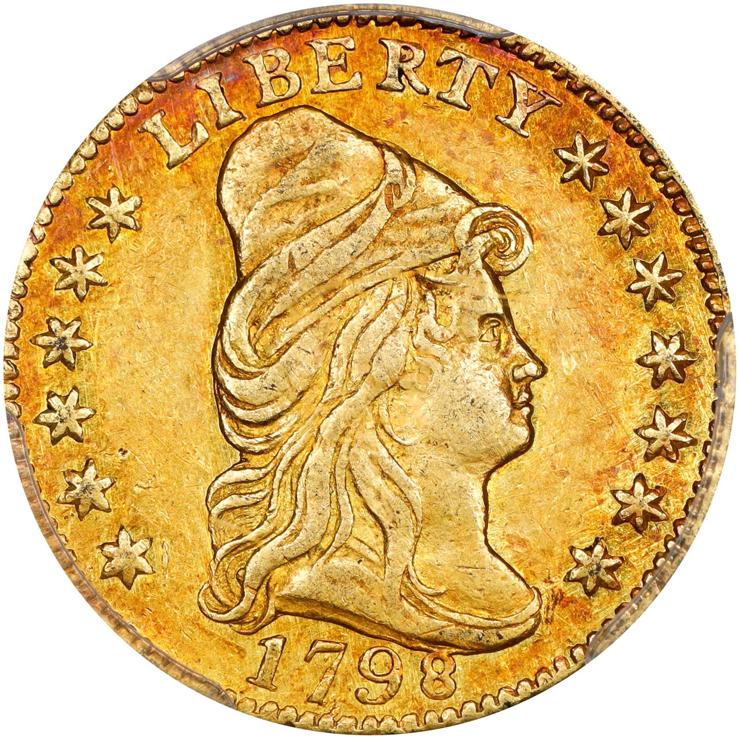 image for: 1798 Capped Bust Right Quarter Eagle. BD-2. Rarity-5. Wide Date, 5 Berries. AU-58 (PCGS).