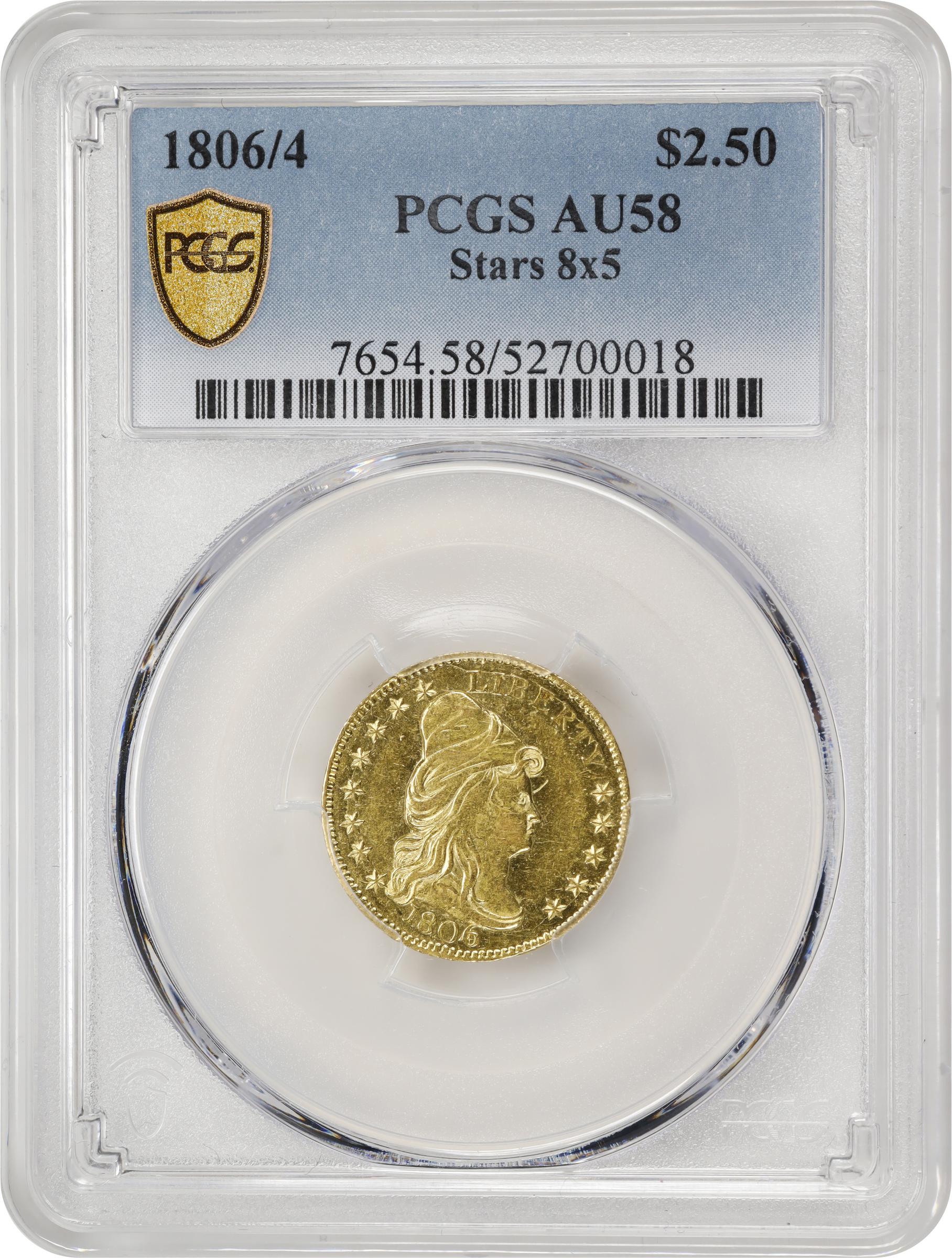 image for: 1806/4 Capped Bust Right Quarter Eagle. BD-1. Rarity-4+. Stars 8x5. AU-58 (PCGS).