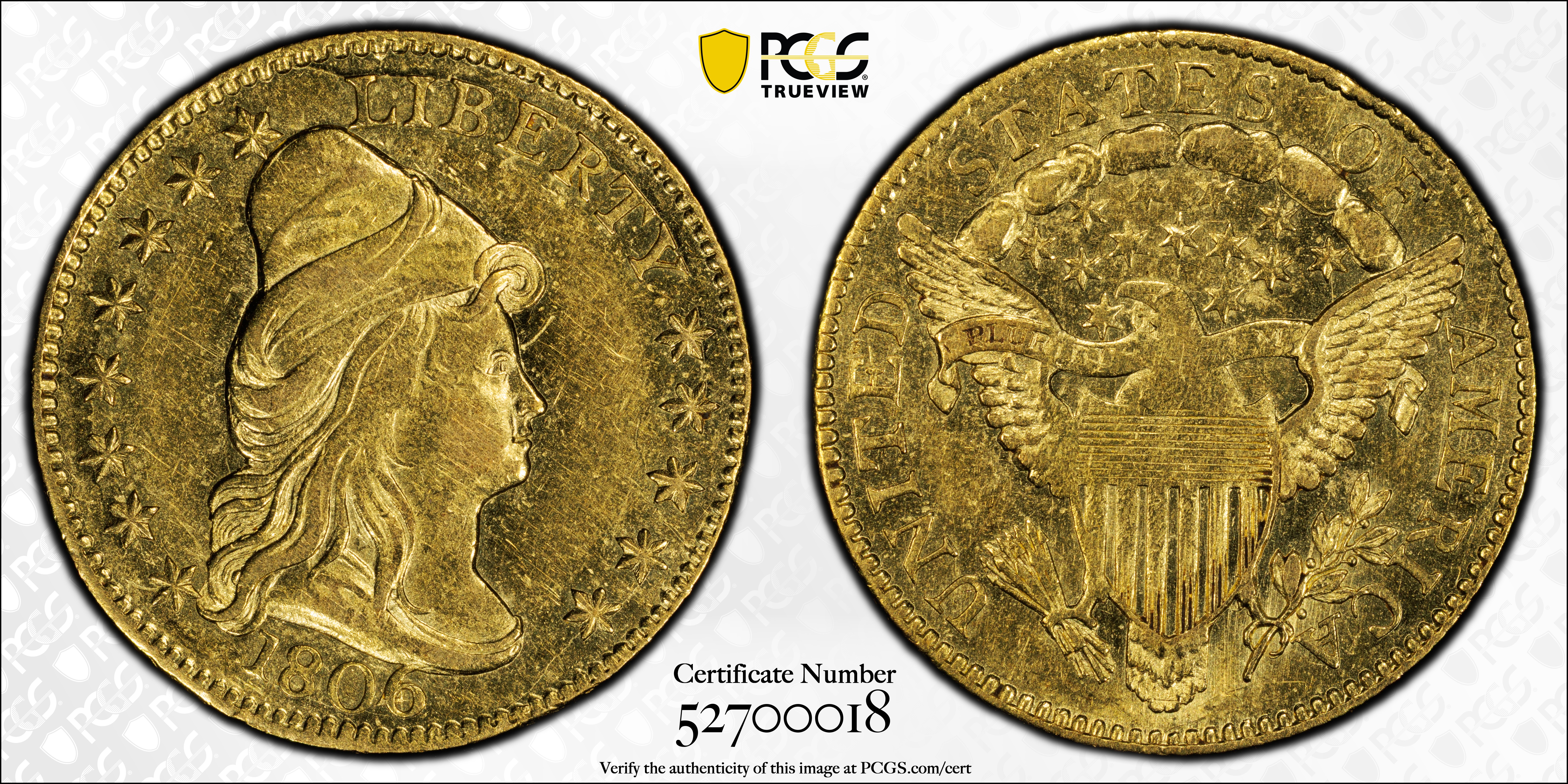image for: 1806/4 Capped Bust Right Quarter Eagle. BD-1. Rarity-4+. Stars 8x5. AU-58 (PCGS).